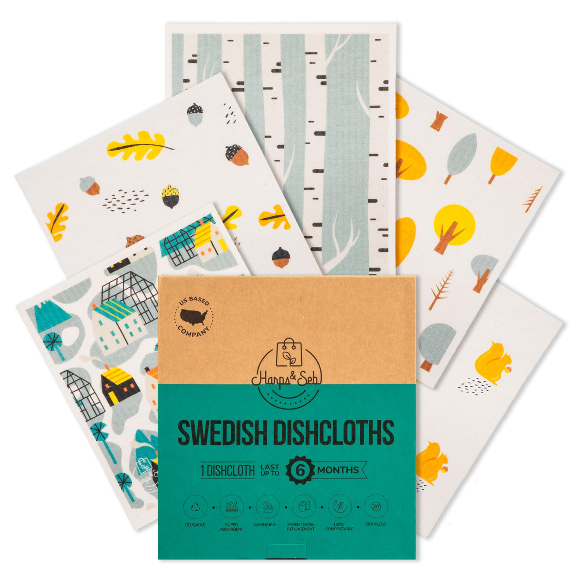 Harps&Seb Swedish Dishcloths for Kitchen Dish Towels - 5 Pack, Non-Scratch Reusable Paper Towels, Super Absorbent Washable Swedish Dish Cloths, No Odor, Biodegradable, Fruit Design