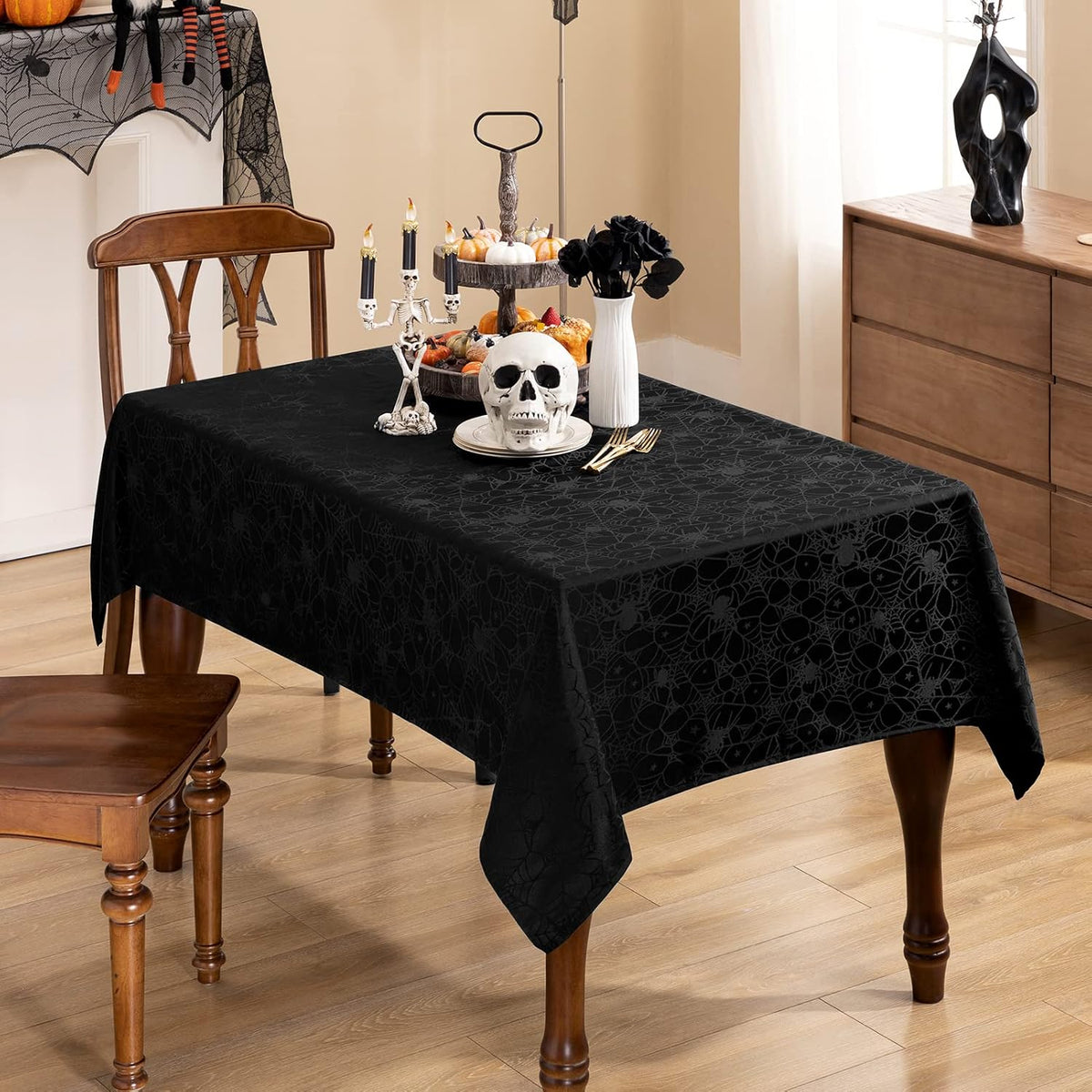joybest Halloween Tablecloth Black Spider Web Table Cloth Spillproof Fabric Table Cover for Dining Party, Halloween Decorations, Rectangle 60 x 84 Inch