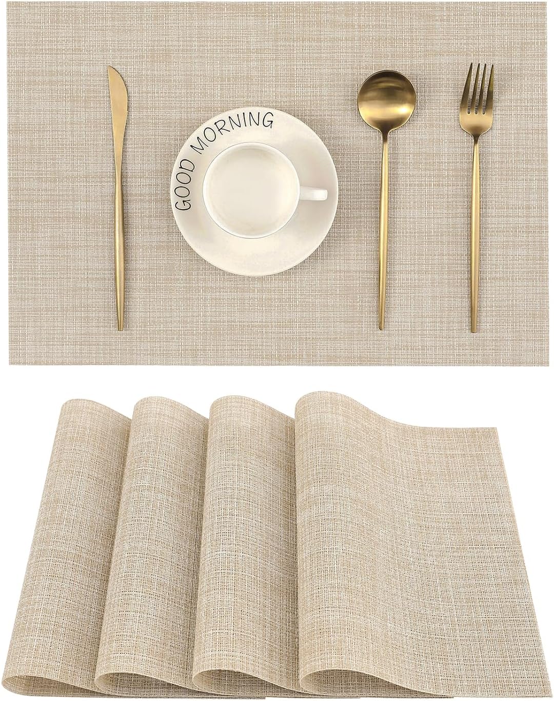 Beige Placemats Set of 4 - Heat-Resistant, Non-Slip Table Mats, Washable Woven Vinyl for Indoor & Outdoor Dining