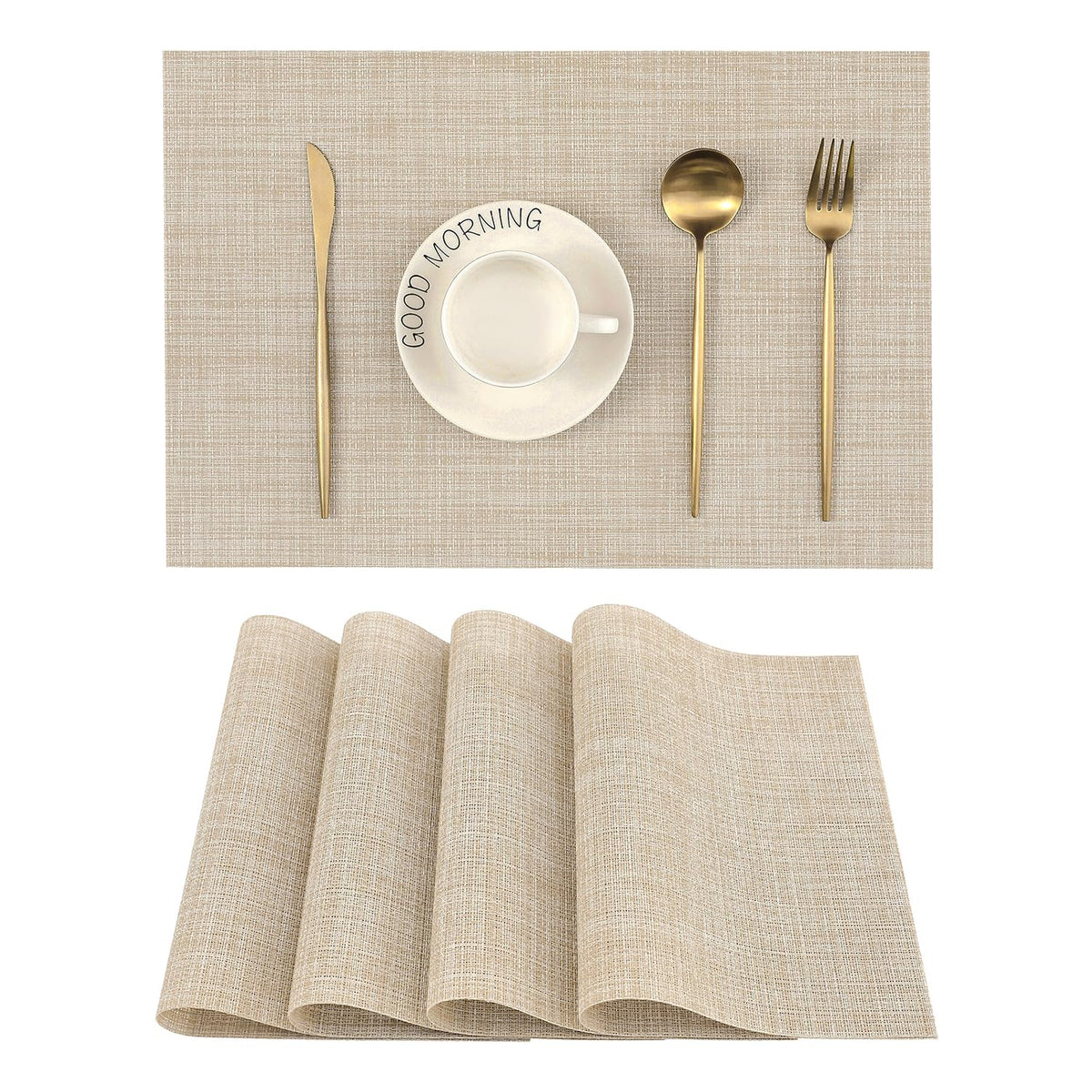 Beige Placemats Set of 4 - Heat-Resistant, Non-Slip Table Mats, Washable Woven Vinyl for Indoor & Outdoor Dining