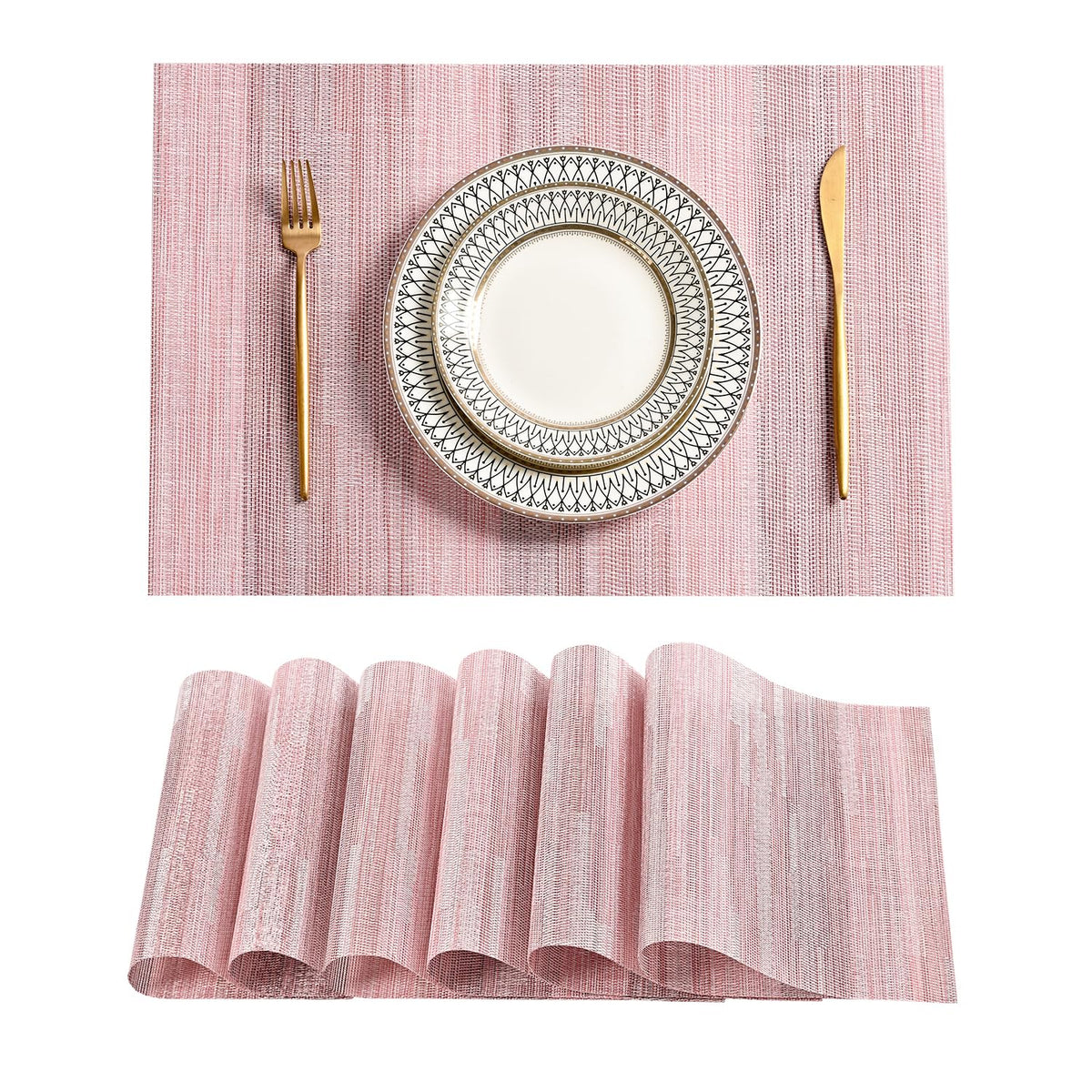 Beige Placemats Set of 8 - Heat-Resistant, Non-Slip Table Mats, Washable Woven Vinyl for Indoor & Outdoor Dining
