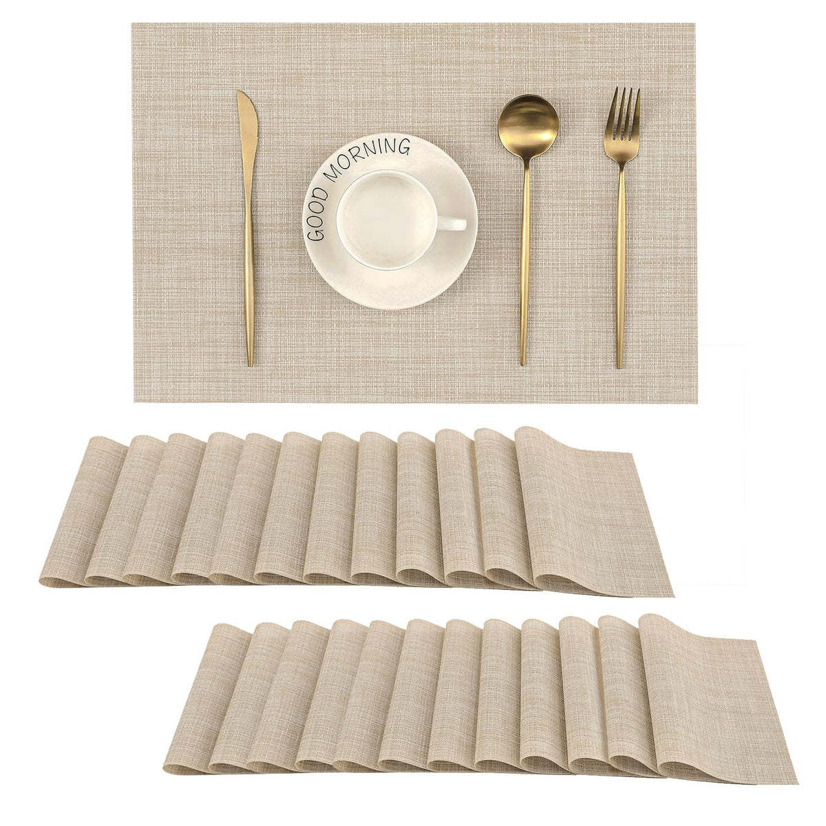 Beige Placemats Set of 4 - Heat-Resistant, Non-Slip Table Mats, Washable Woven Vinyl for Indoor & Outdoor Dining