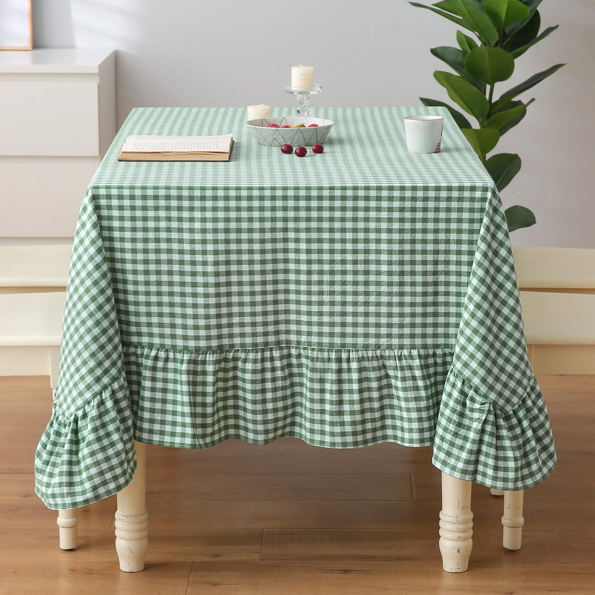 Taupe White Gingham Ruffled Tablecloth 120"x60"