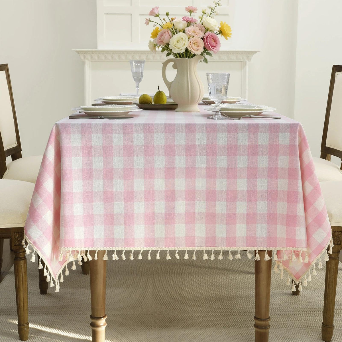 Romanstile Gingham Tassel Tablecloth Rectangle - 60 x 84 Inch, Beige