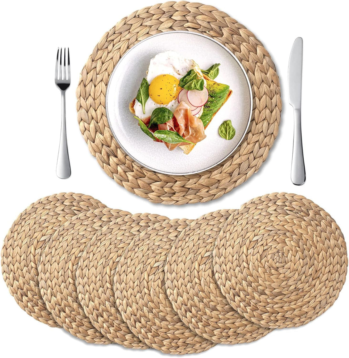 6 Pack, Round Woven Placemats, Natural Water Hyacinth Wicker Place mats, Braided Straw Table Mats, Charger Plates for Dining Table, Fall, Thanksgiving, Christmas (13.8 inch)