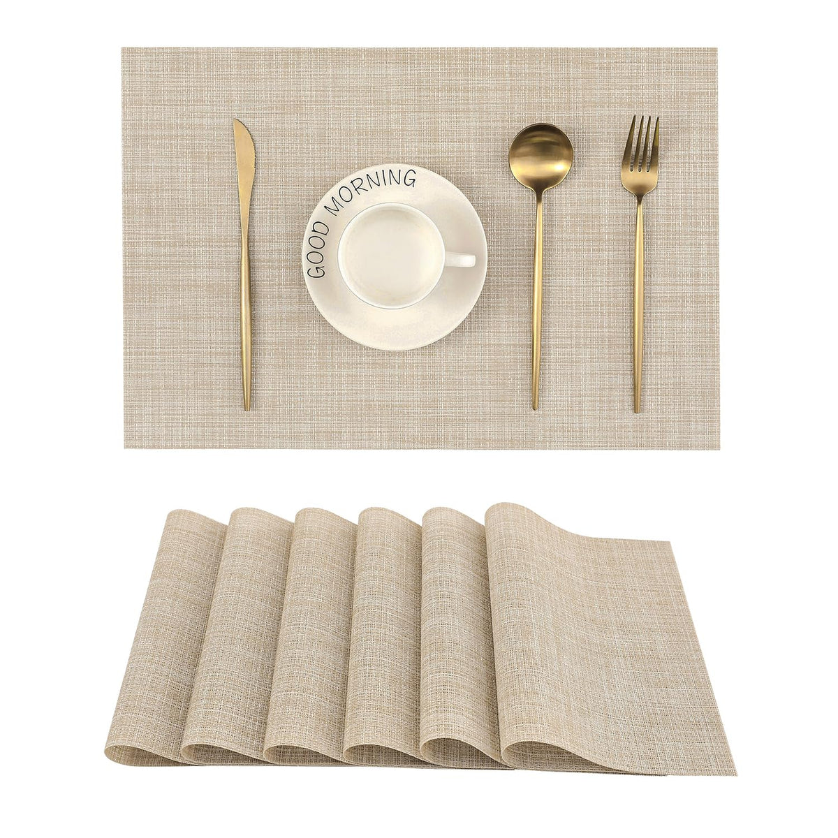 Beige Placemats Set of 8 - Heat-Resistant, Non-Slip Table Mats, Washable Woven Vinyl for Indoor & Outdoor Dining