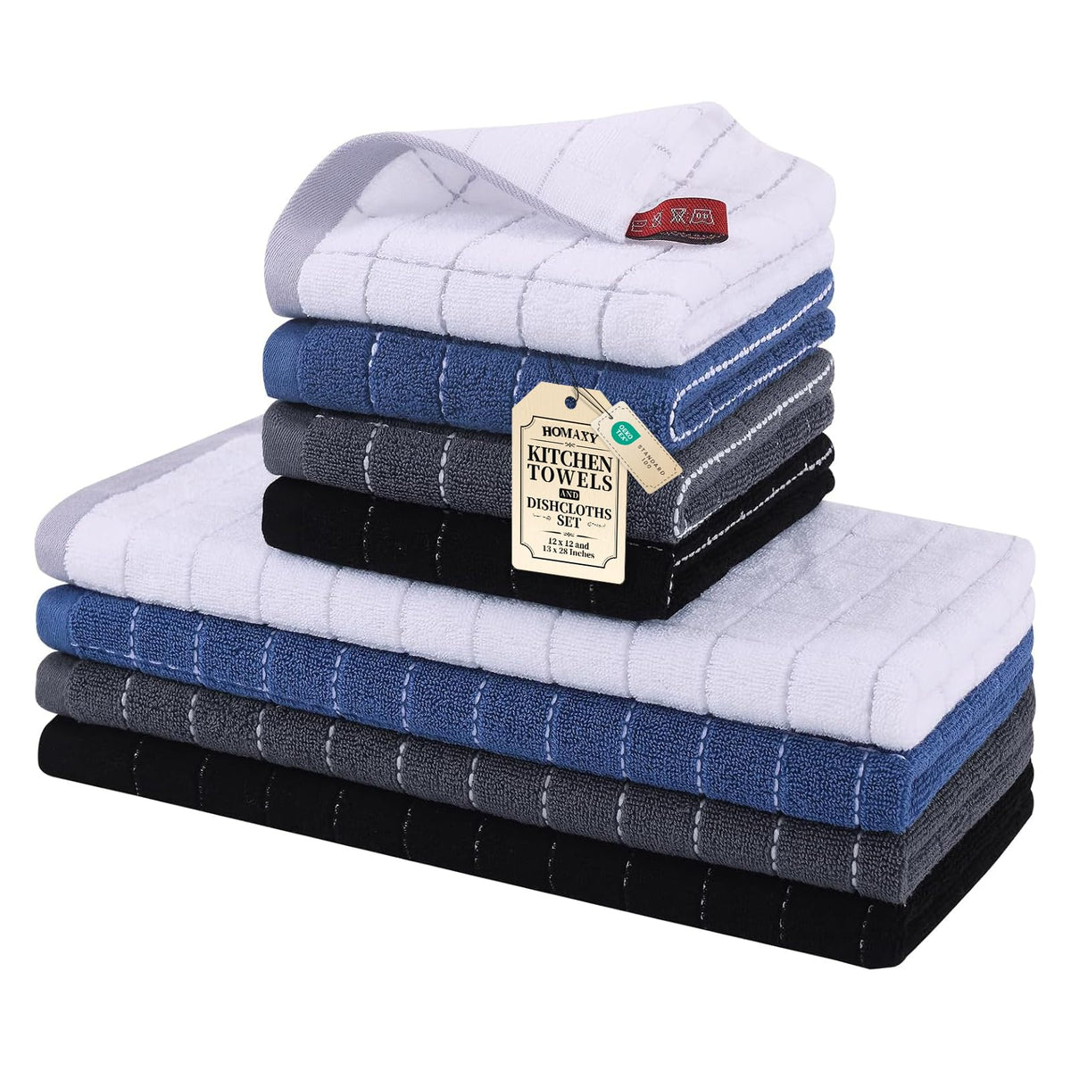 Homaxy Cotton Terry Kitchen Towels and Dishcloths Set of 8, Black