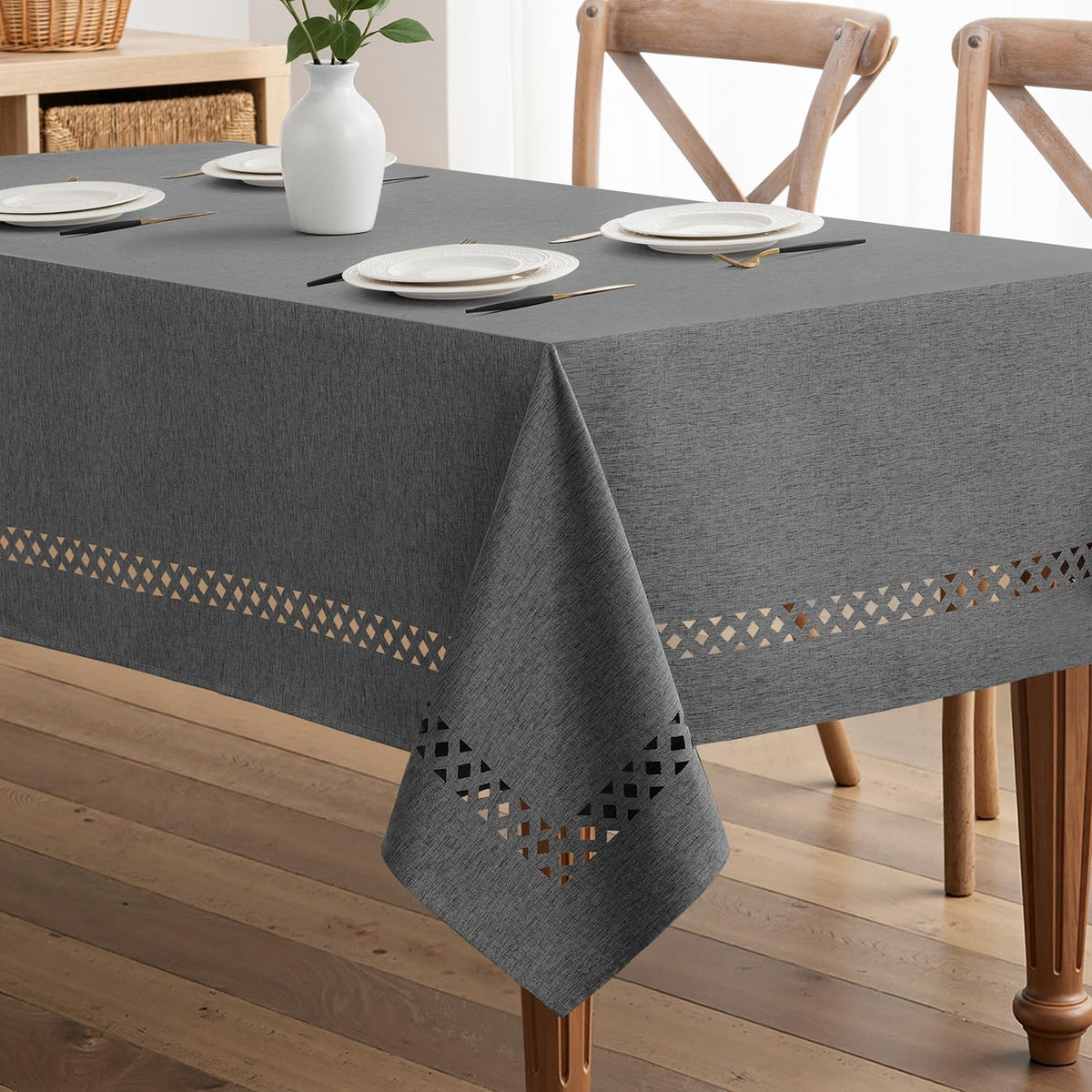 MIULEE Beige Rectangle Tablecloth with Decorative Cutouts 60x84 Inch