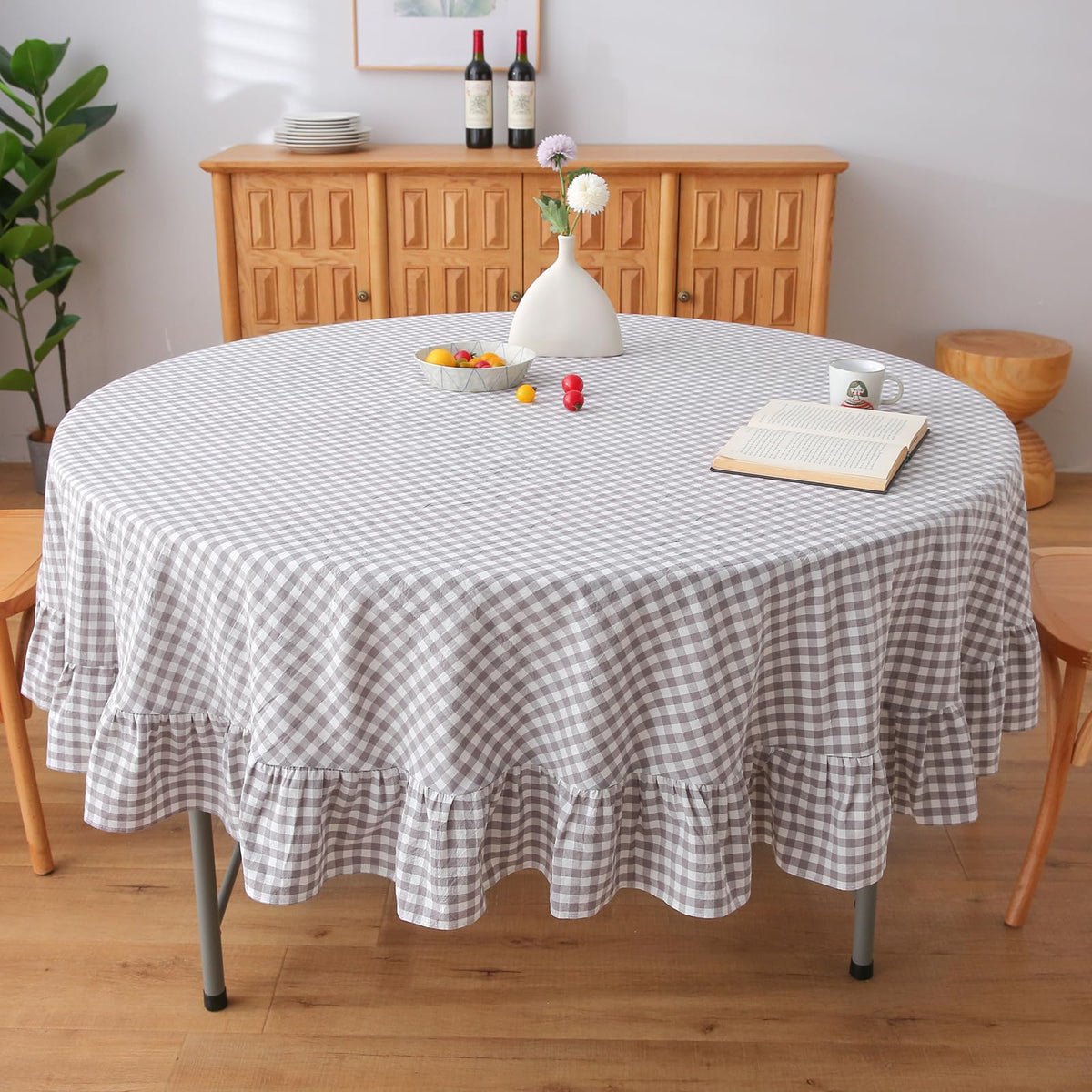 Taupe White Gingham Ruffled Tablecloth 120"x60"