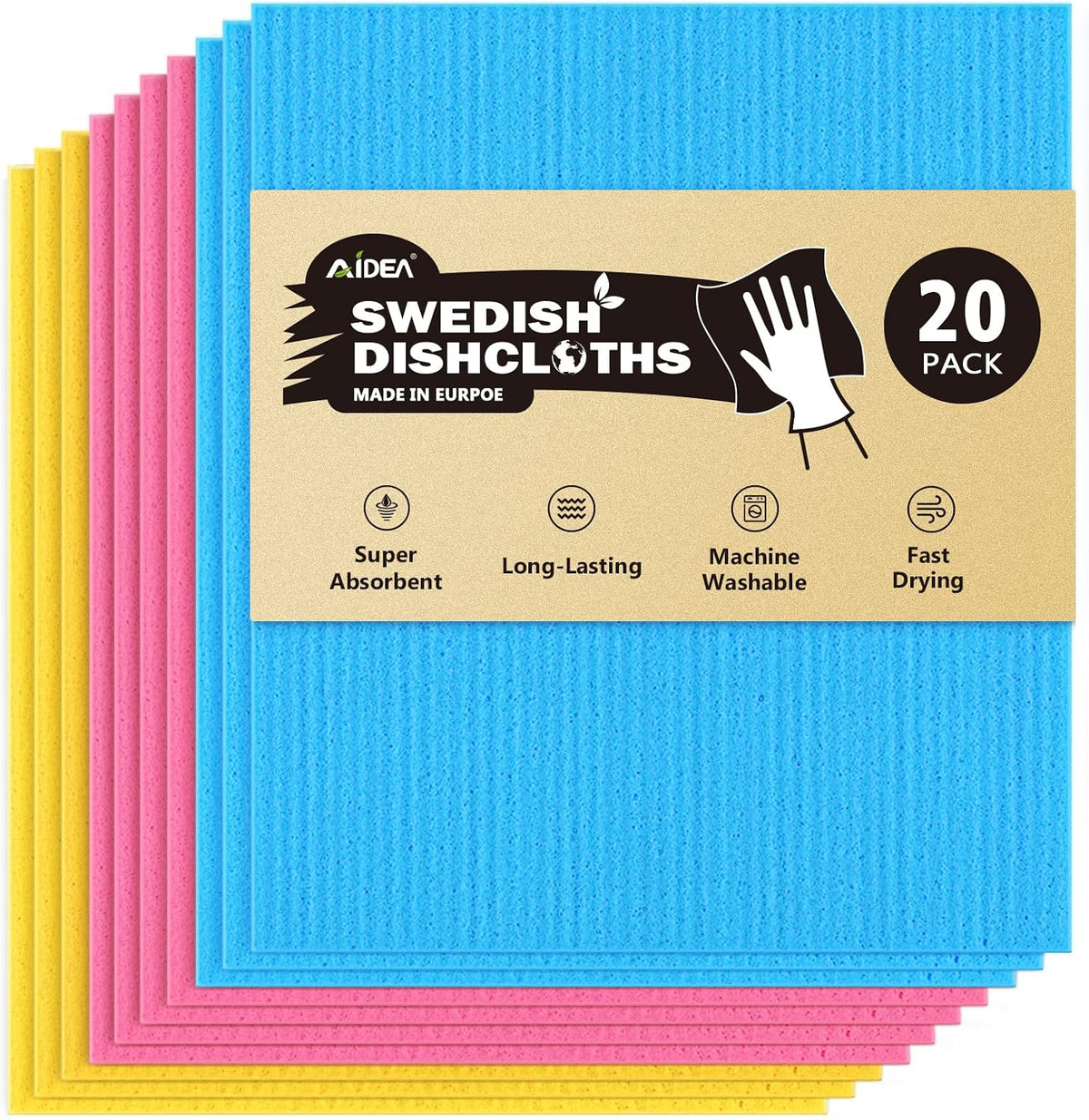 AIDEA Swedish Dishcloths for Kitchen, 20PK, Reusable Paper Towels, 7"×6"