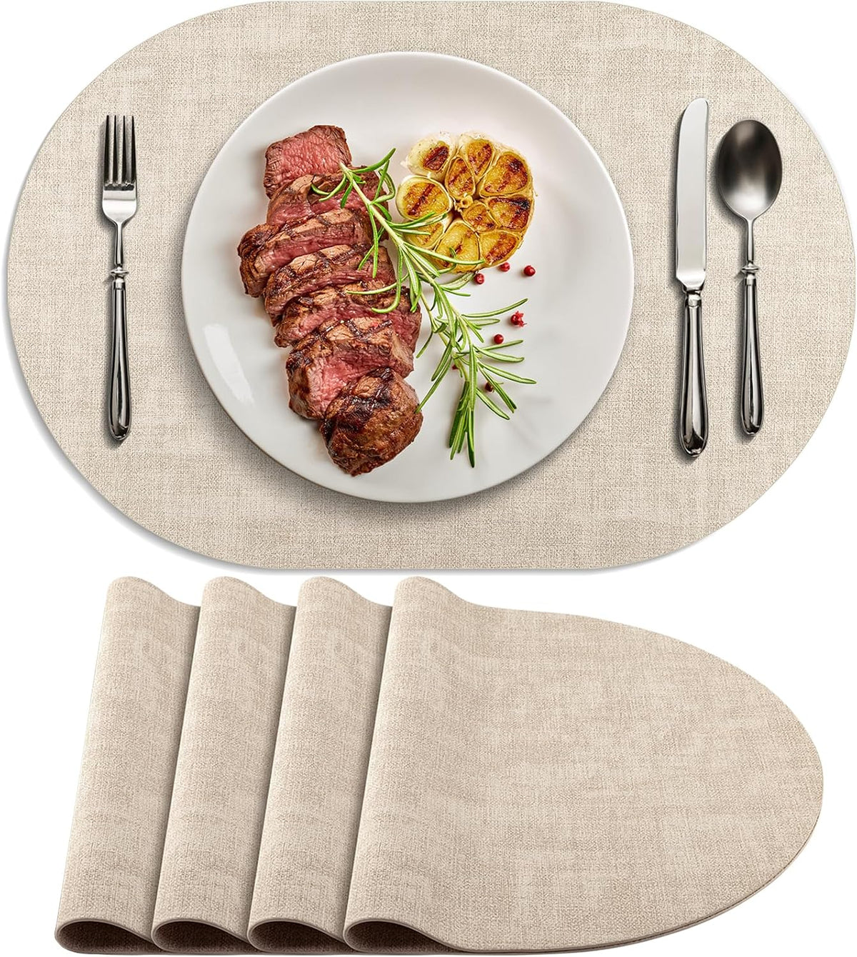 Faux Leather Oval Placemats Set of 4, Beige