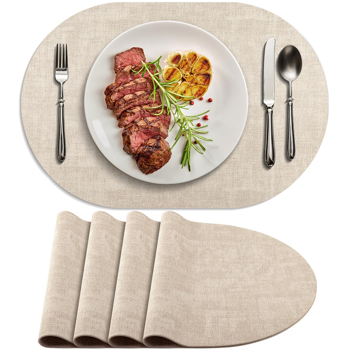 Faux Leather Oval Placemats Set of 6, Beige
