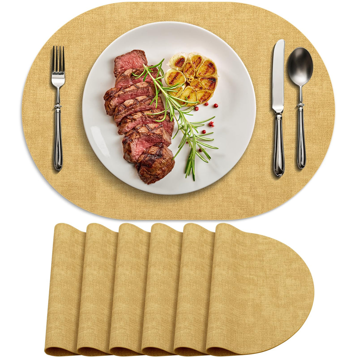Faux Leather Oval Placemats Set of 6, Beige