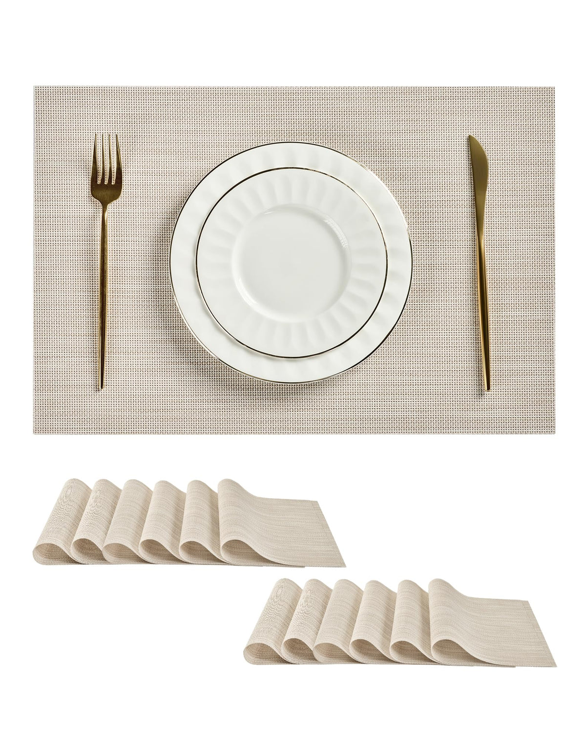 Beige White Placemats Set of 4 - Heat Resistant Non-Slip Place mats for Dining Table, Washable Durable PVC Vinyl Woven Table Mats(Beige White, 4)