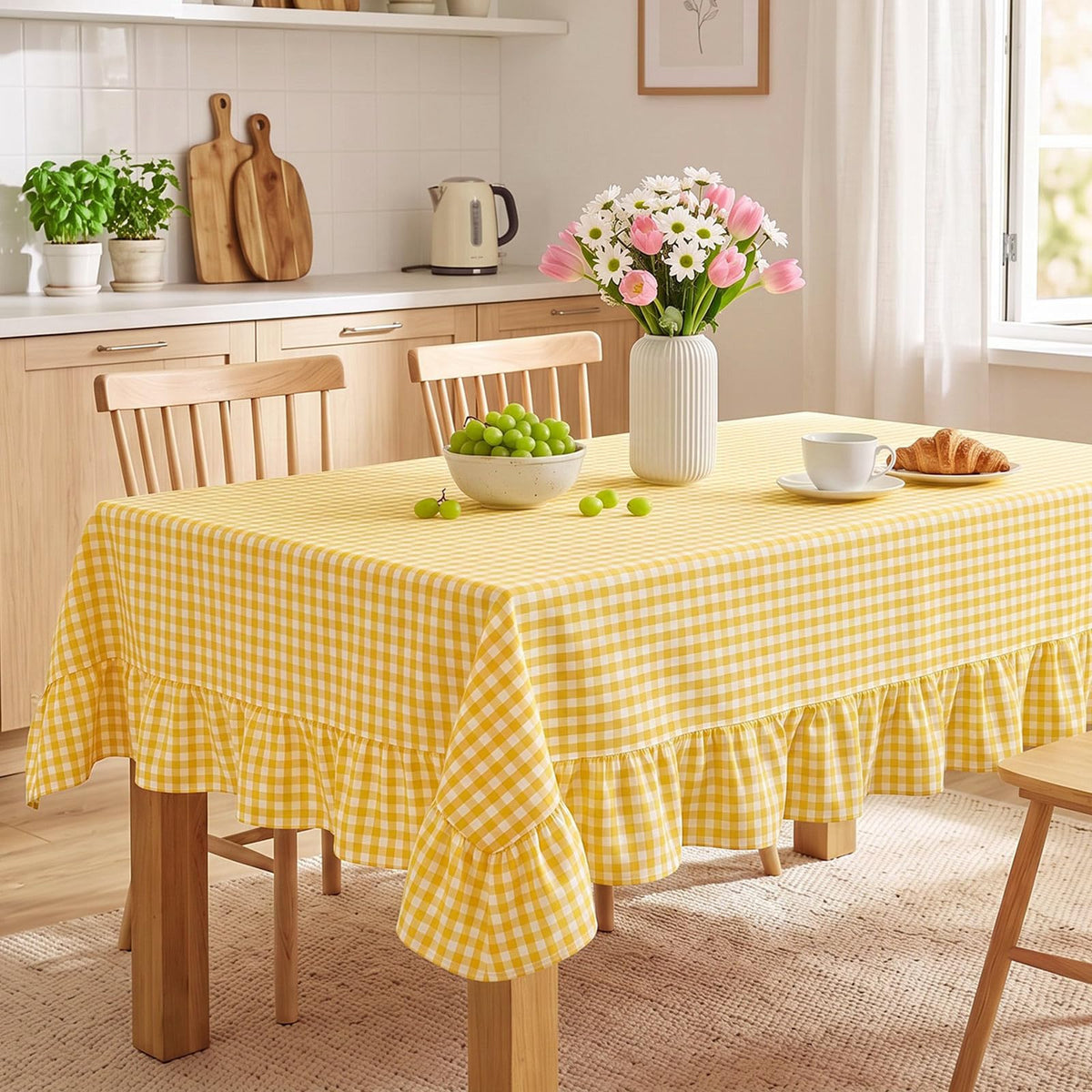 Mindsoft Brown Ruffled Gingham Tablecloth, 52 x 70 Inches, Rectangle