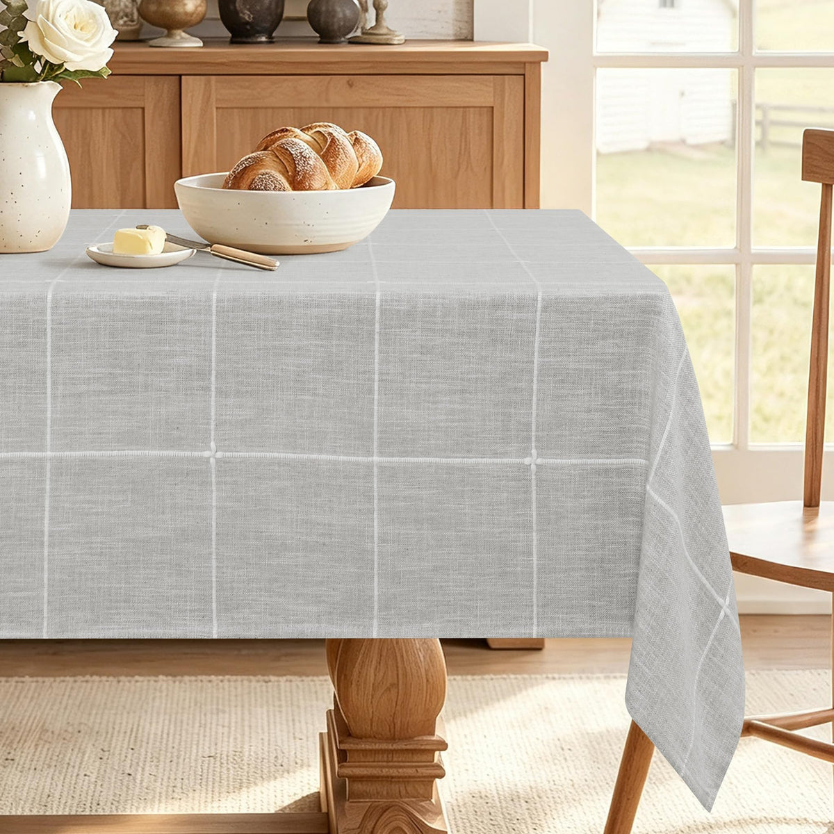 JIUZHEN Faux Linen Rectangle Tablecloth, Wrinkle Stain Resistant Farmhouse Textured Table Cloth Decorative Fabric for Kitchen, Dining, Party, Wedding,Outdoor Use,90 x 132 Inch,Beige