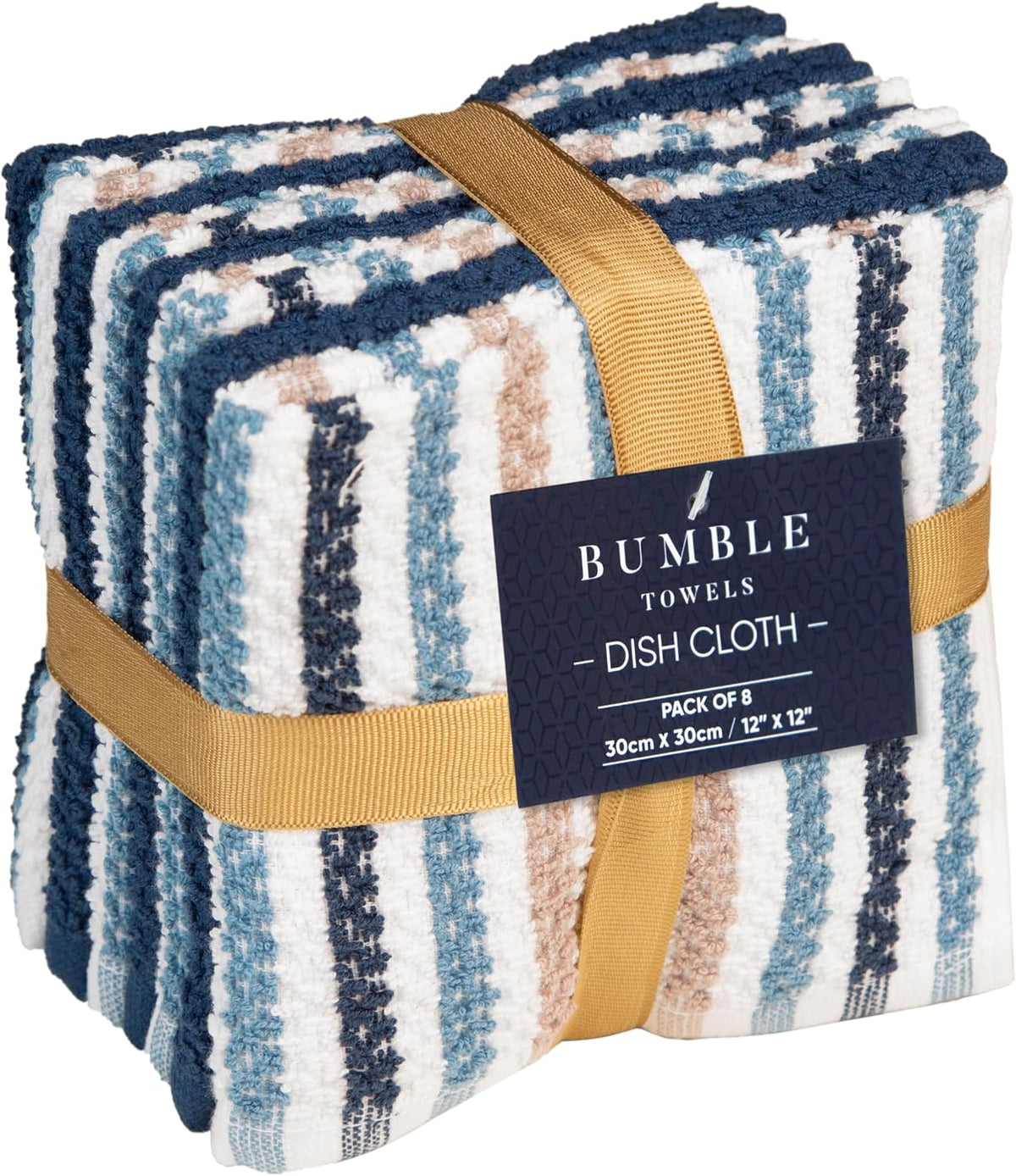 Bumble Dish Cloths 8-Pack, Cotton Kitchen Towels, 12"x12" Blue Wide Stripes