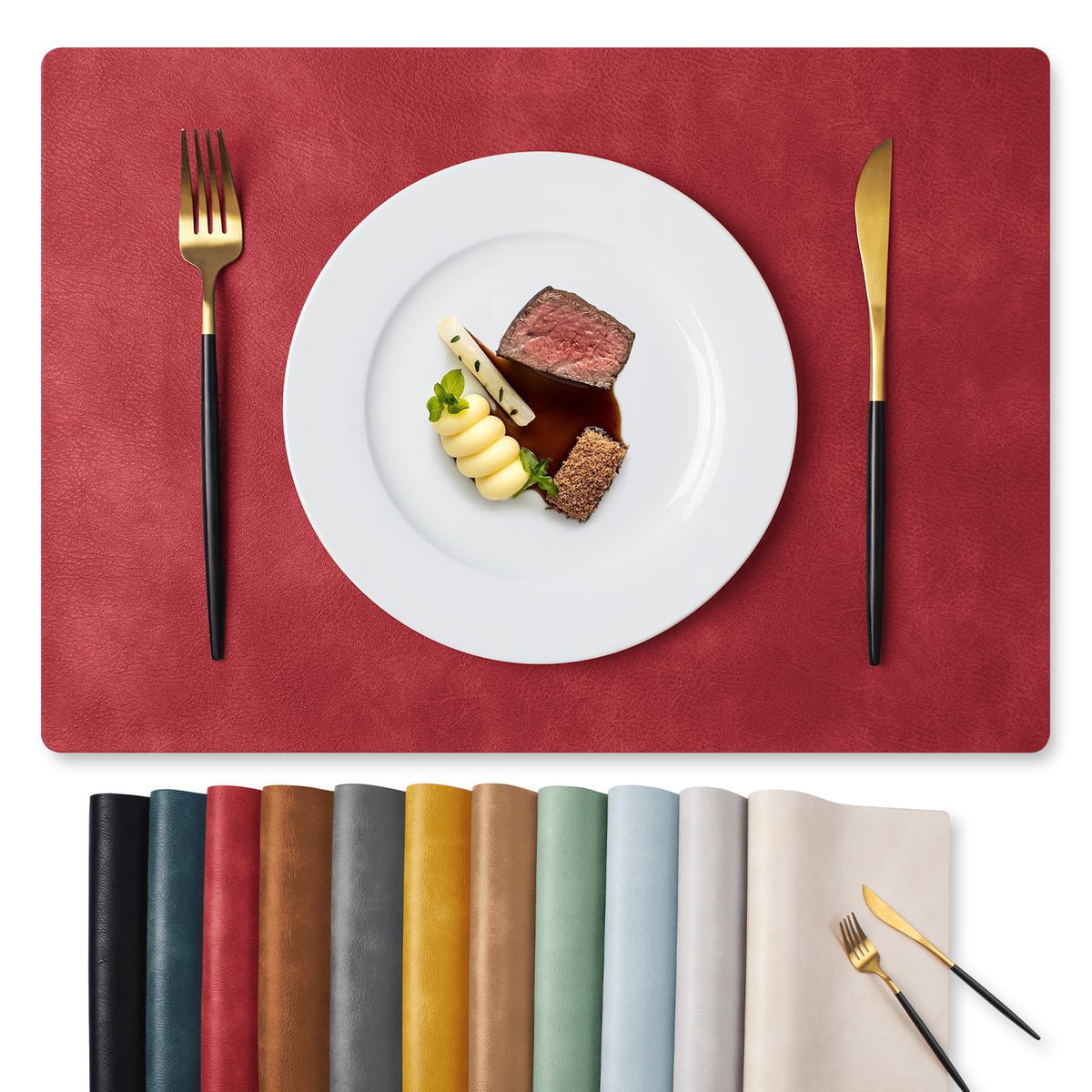 MOSAYT Vinyl Faux Leather Placemats, Set of 6, Black
