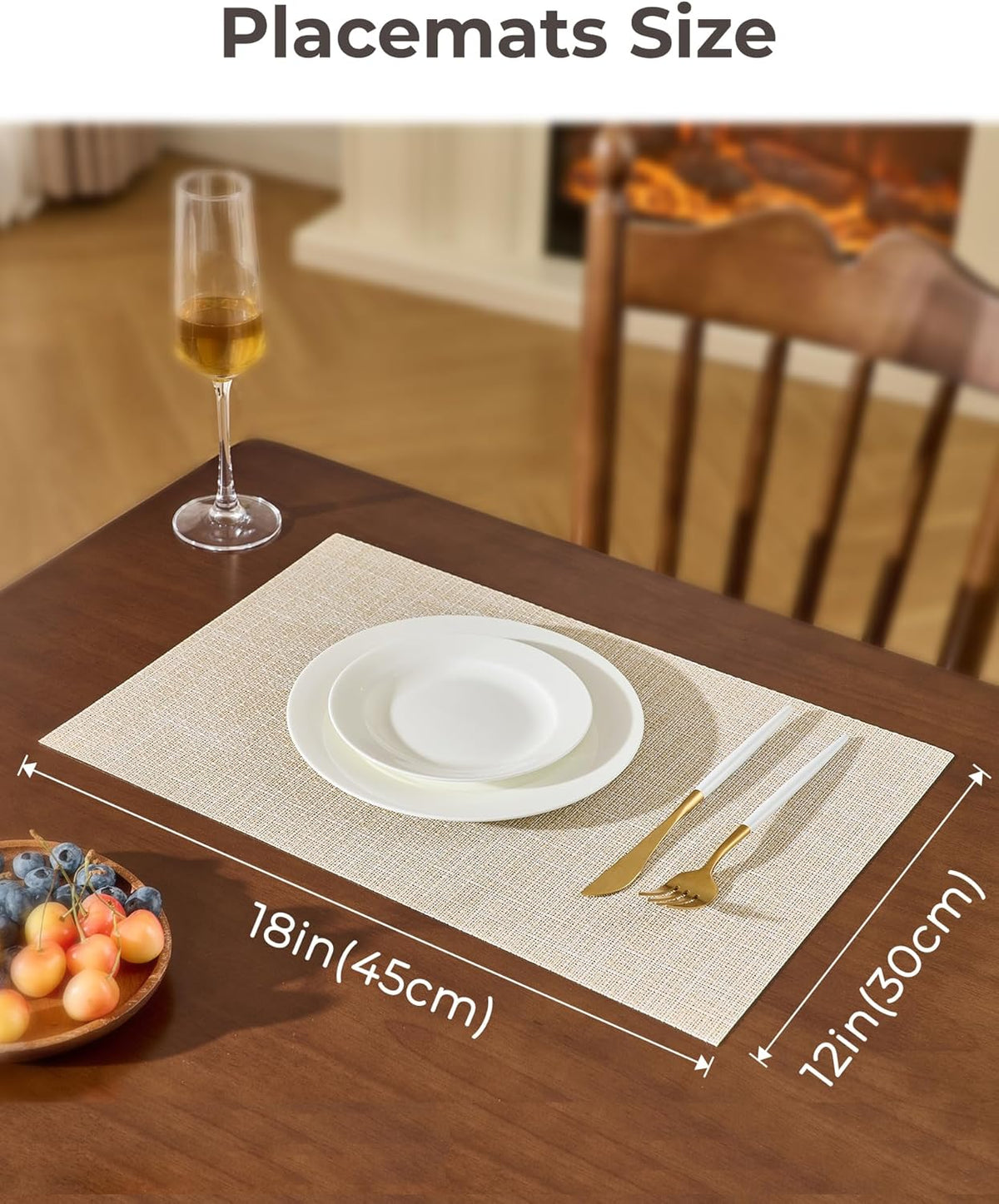 Beige Placemats Set of 8 - Heat-Resistant, Non-Slip Table Mats, Washable Woven Vinyl for Indoor & Outdoor Dining