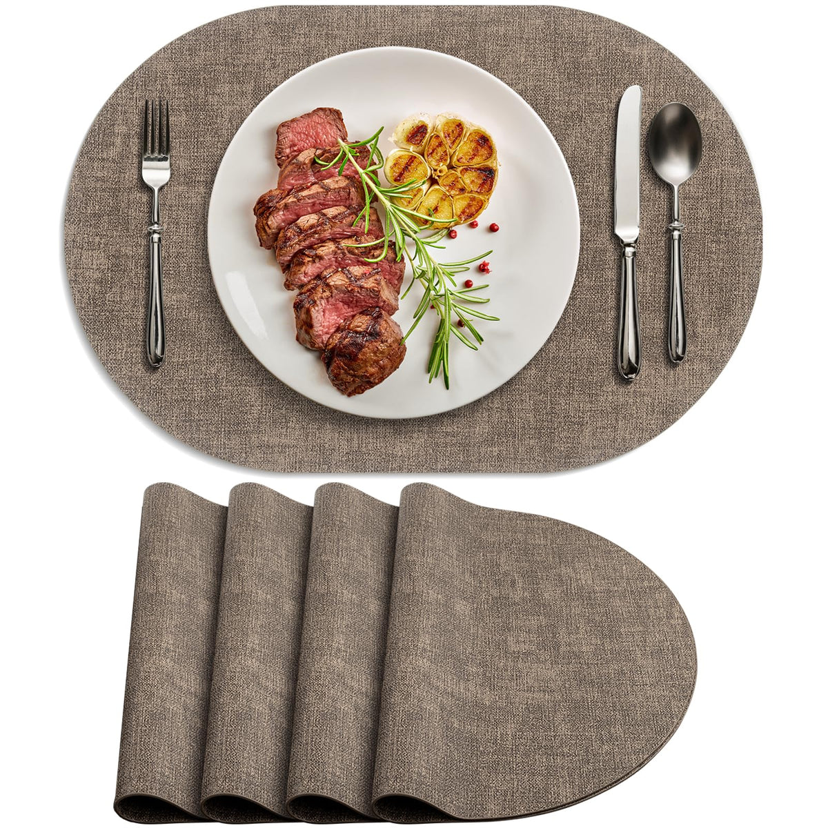 Faux Leather Oval Placemats Set of 6, Beige