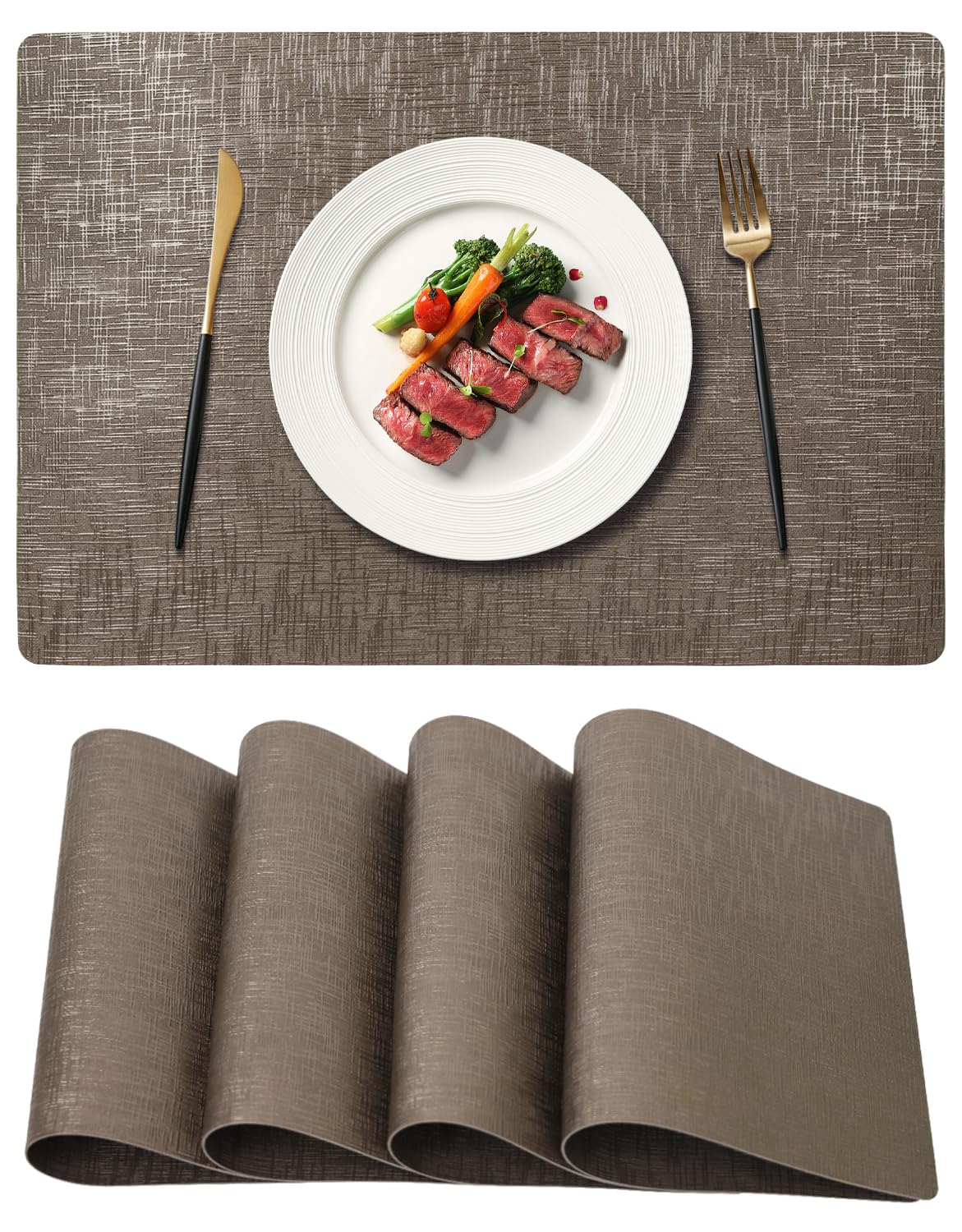 Placemats, Placemats Set of 6, Table Place Mats for Kitchen Dining, Heat-Resistant Anti-Skid Stain Washable PVC Table Mats, Easy to Cleaning Woven Vinyl Dinner Mats (Gold)