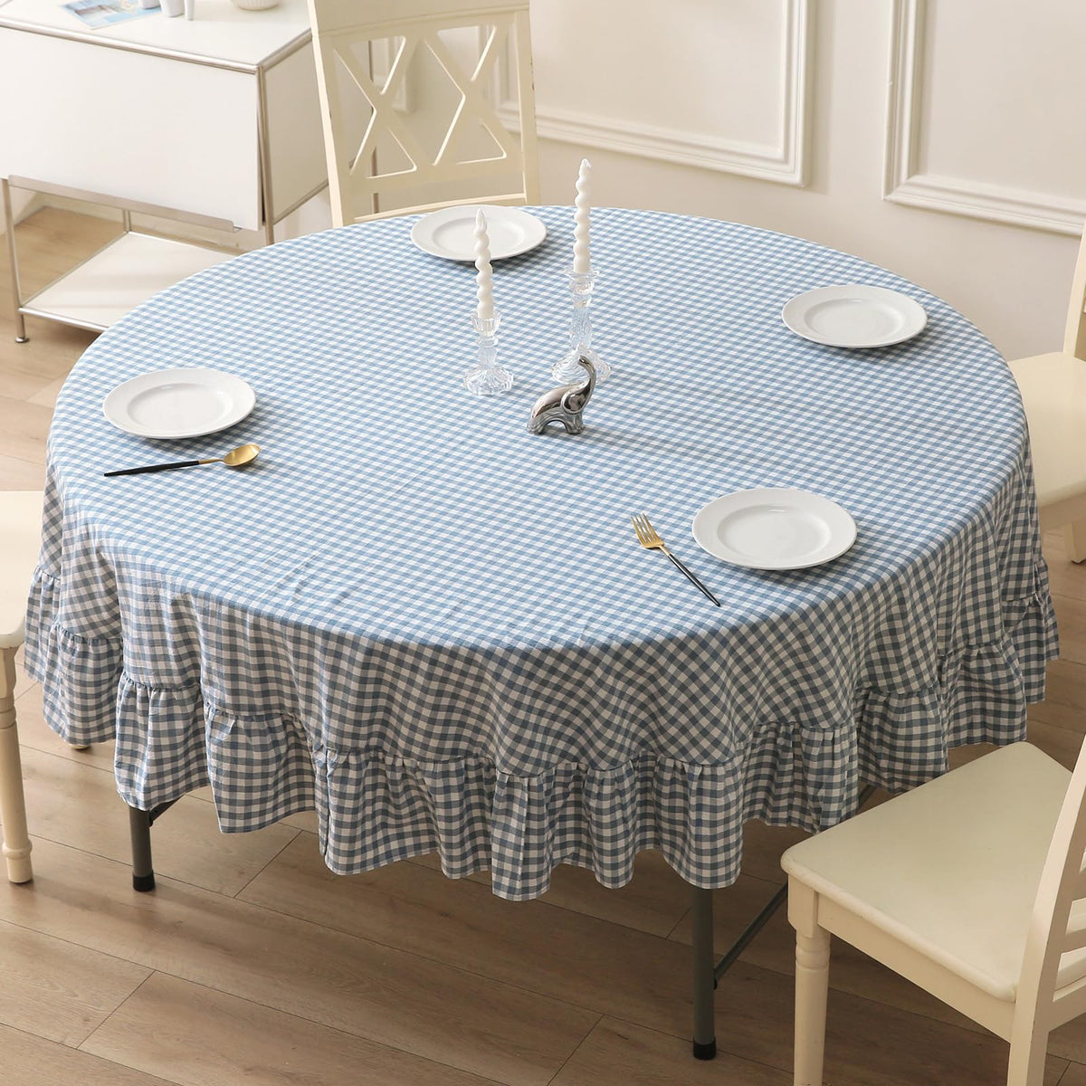 Taupe White Gingham Ruffled Tablecloth 120"x60"