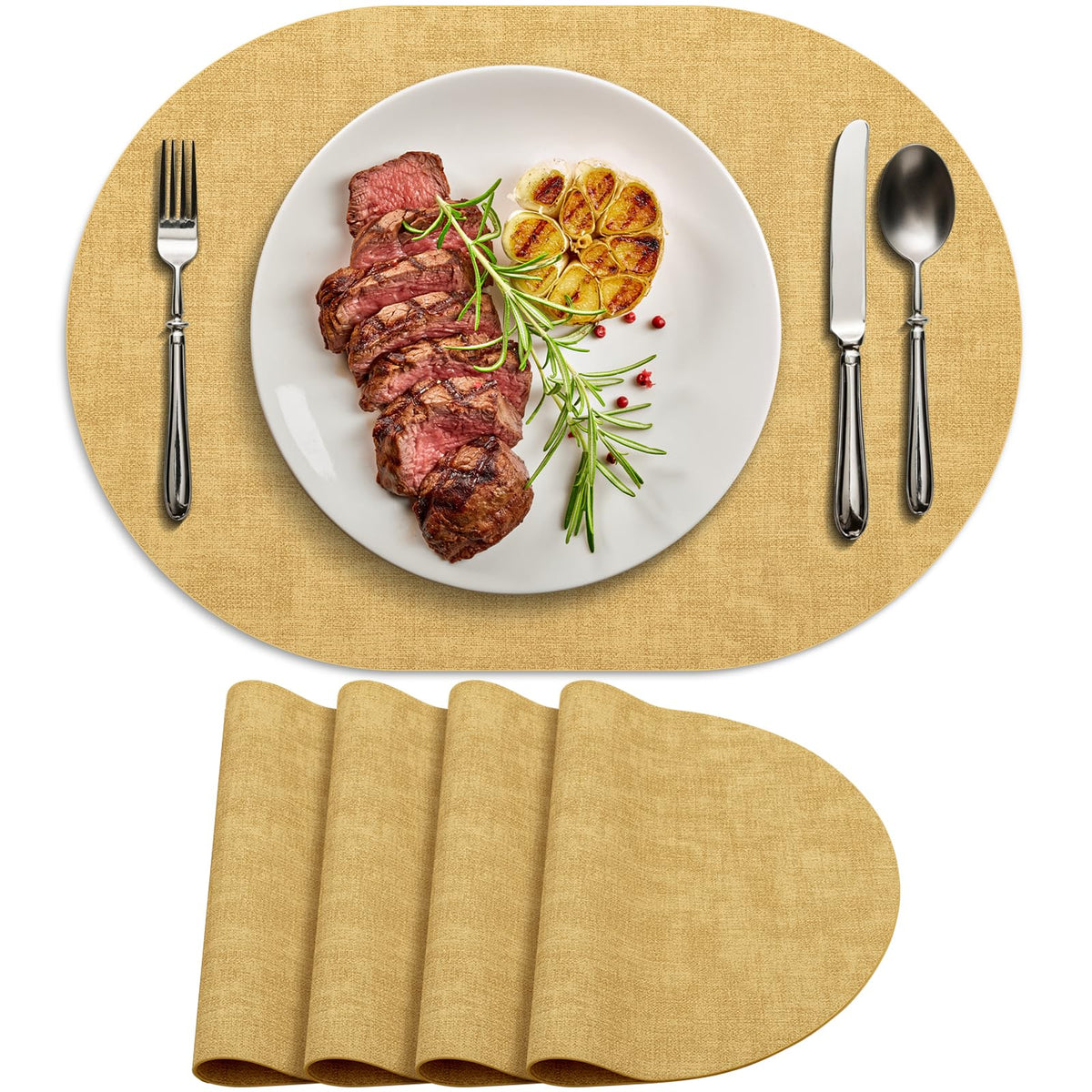 Faux Leather Oval Placemats Set of 8, Beige