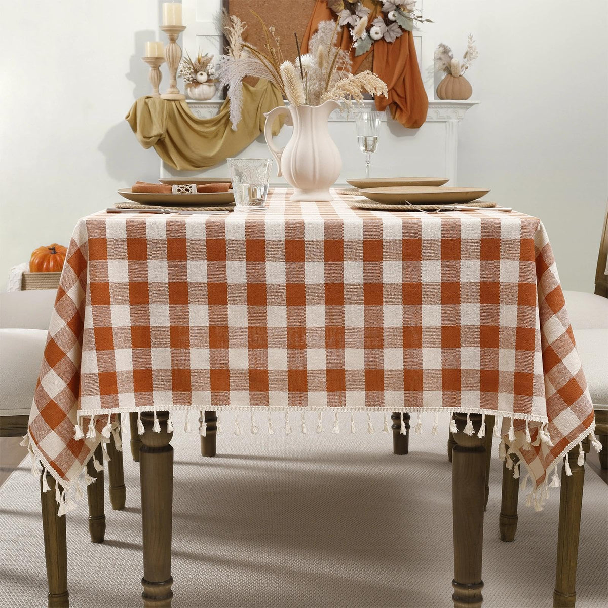 Romanstile Gingham Tassel Tablecloth Rectangle - 60 x 84 Inch, Beige