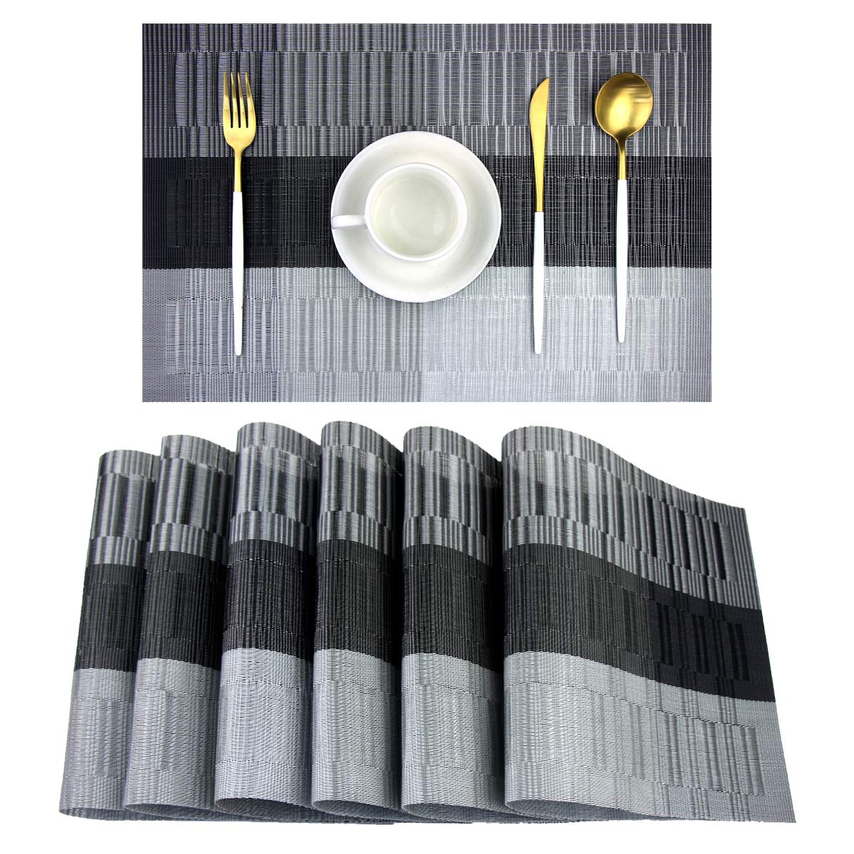 PIGCHCY Placemats,Washable Vinyl Woven Table Mats,Elegant Durable Placemats for Dining Table Set of 4 (18 x 12 inches, Pure Black)