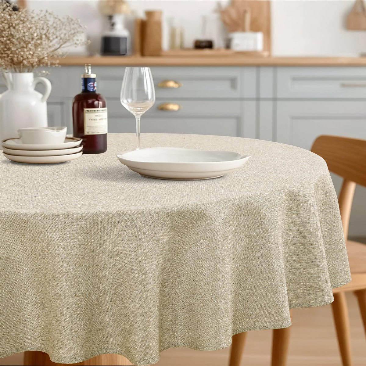 JIUZHEN Faux Linen Rectangle Tablecloth, Wrinkle Stain Resistant Farmhouse Textured Table Cloth Decorative Fabric for Kitchen, Dining, Party, Wedding,Outdoor Use,90 x 132 Inch,Beige