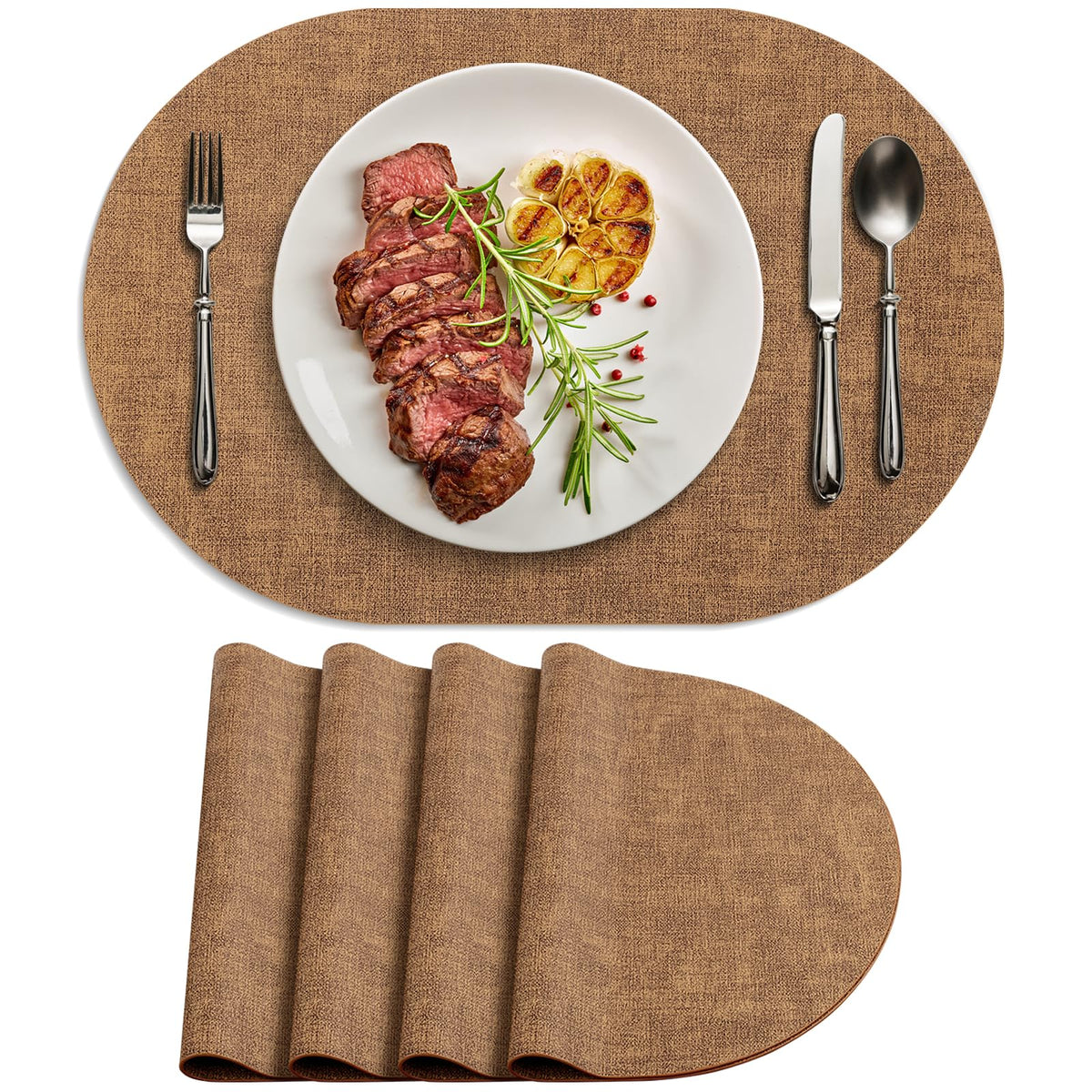 Faux Leather Oval Placemats Set of 8, Beige