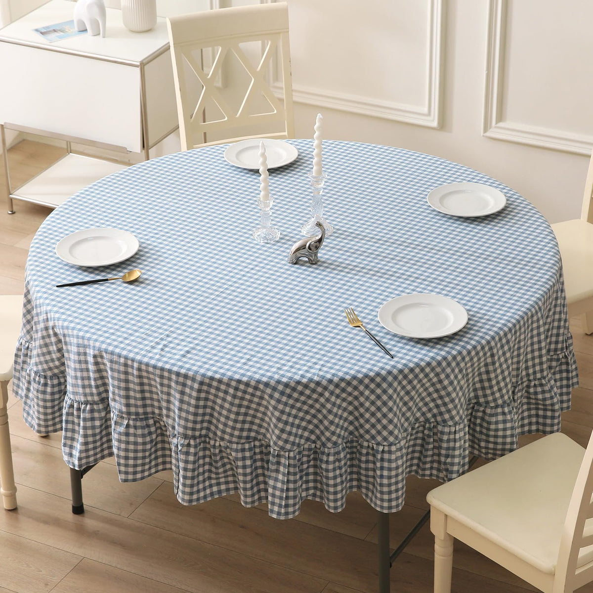 Taupe White Gingham Ruffled Tablecloth 120"x60"