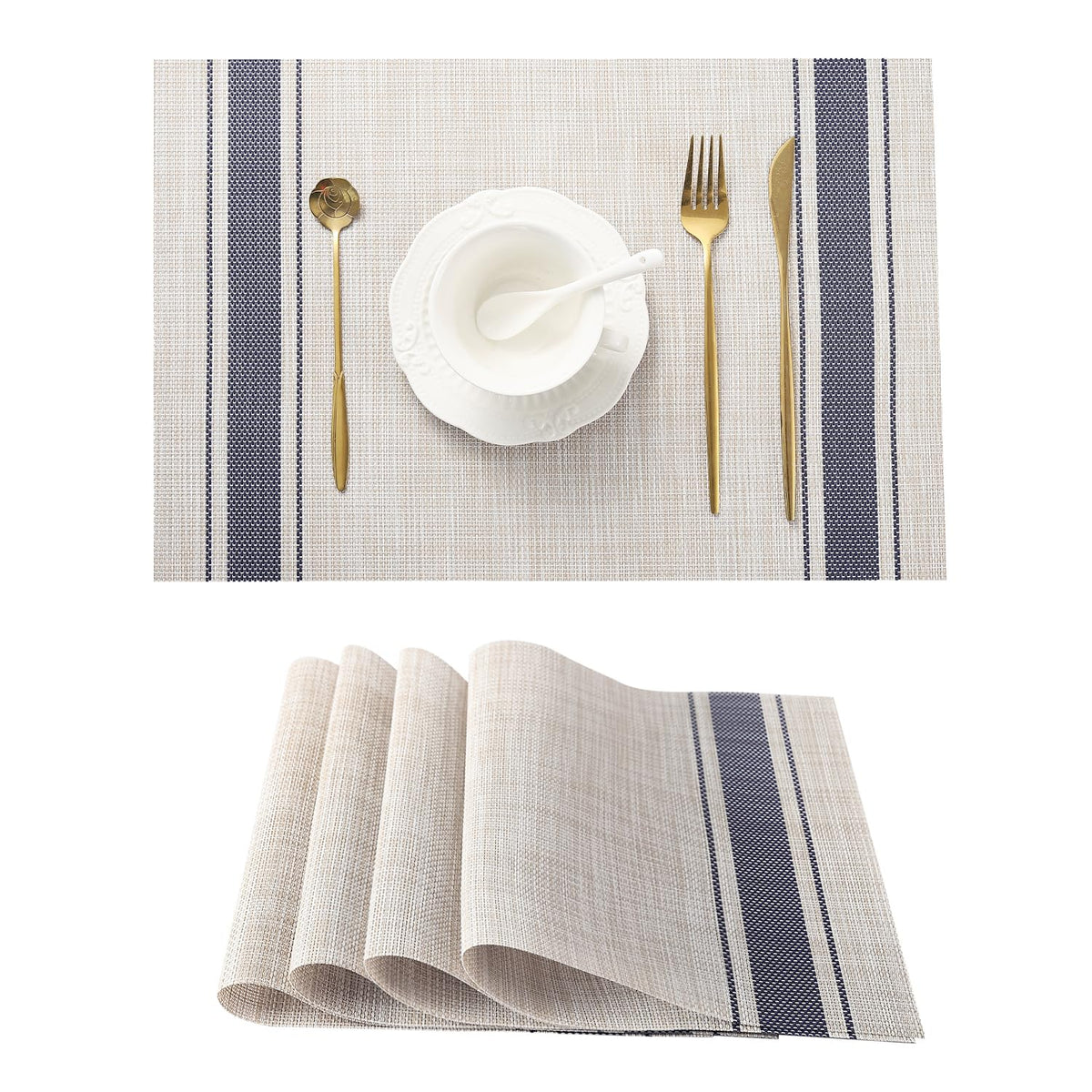 Beige Placemats Set of 8 - Heat-Resistant, Non-Slip Table Mats, Washable Woven Vinyl for Indoor & Outdoor Dining