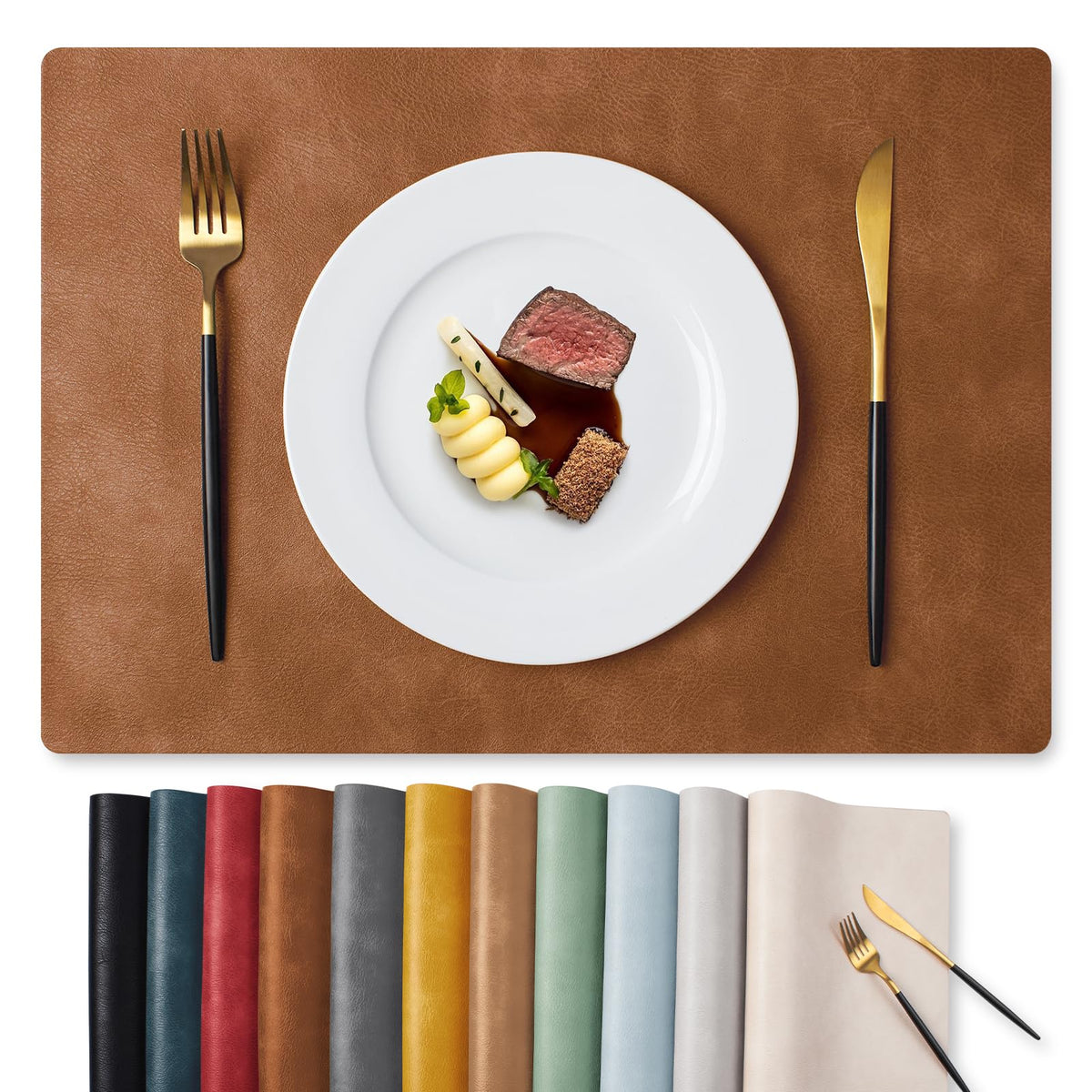 MOSAYT Vinyl Faux Leather Placemats, Set of 6, Black