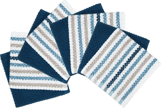 Bumble Dish Cloths 8-Pack, Cotton Kitchen Towels, 12"x12" Blue Wide Stripes