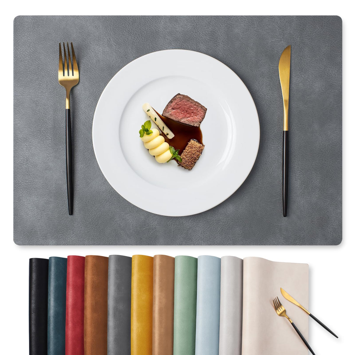 MOSAYT Vinyl Faux Leather Placemats, Set of 6, Black