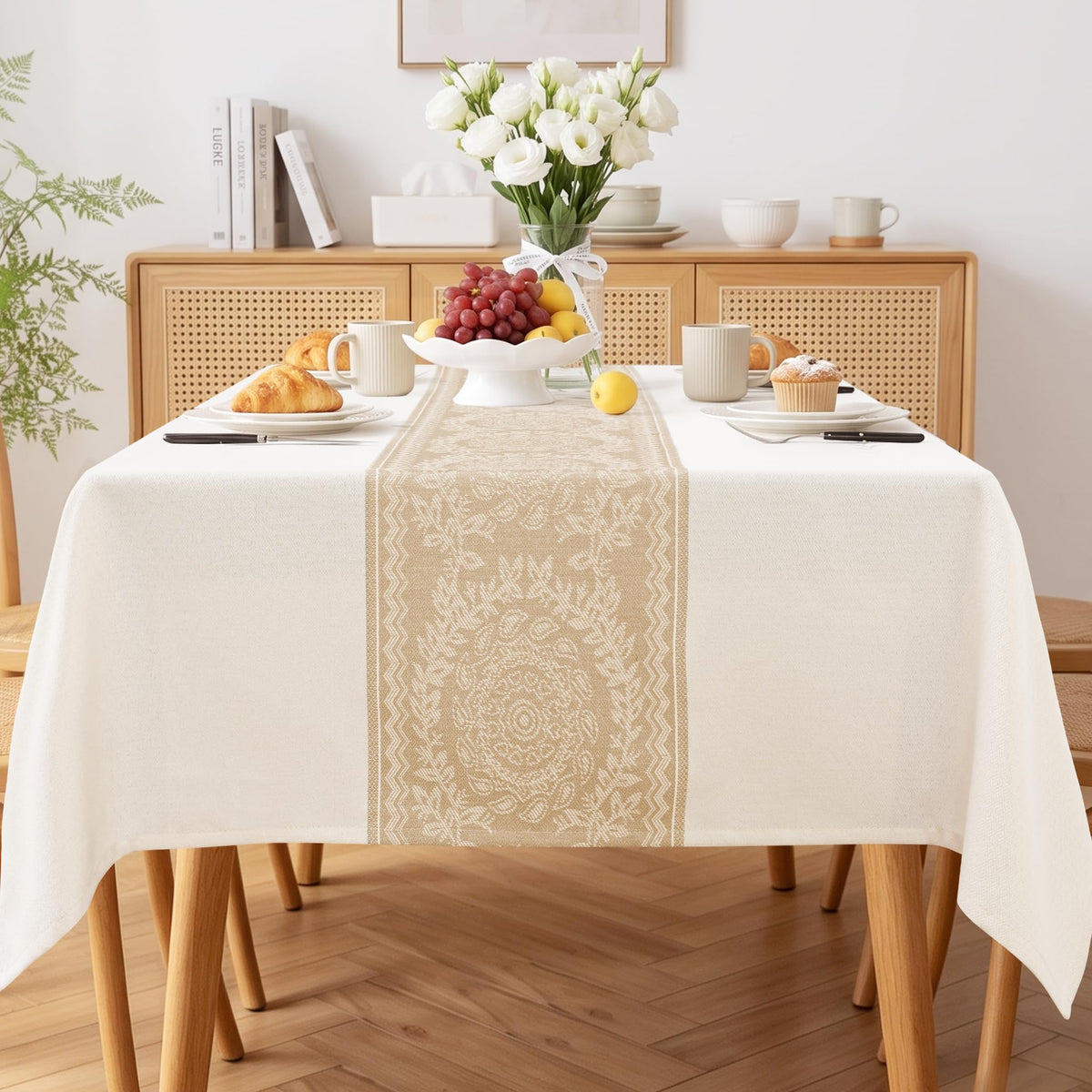 JIUZHEN Faux Linen Rectangle Tablecloth, Wrinkle Stain Resistant Farmhouse Textured Table Cloth Decorative Fabric for Kitchen, Dining, Party, Wedding,Outdoor Use,90 x 132 Inch,Beige