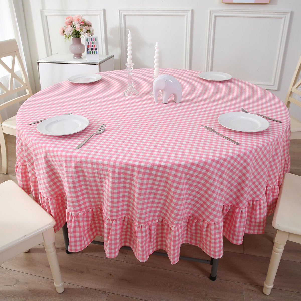 Taupe White Gingham Ruffled Tablecloth 120"x60"