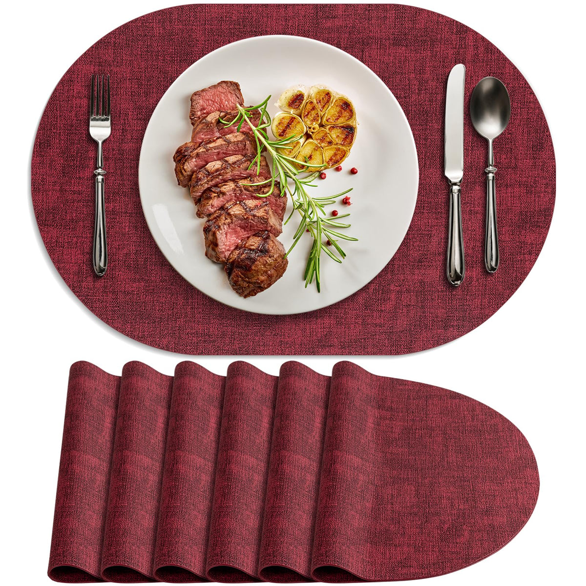 Faux Leather Oval Placemats Set of 8, Beige