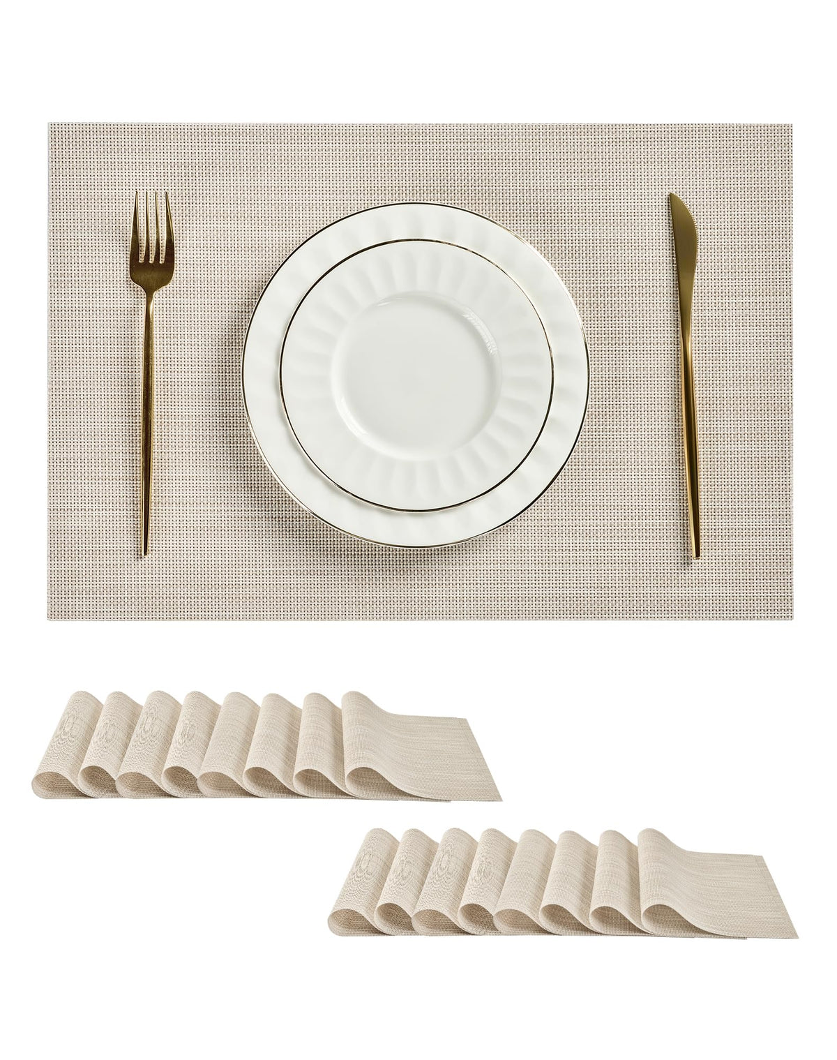 Beige Placemats Set of 4 - Heat-Resistant, Non-Slip Table Mats, Washable Woven Vinyl for Indoor & Outdoor Dining