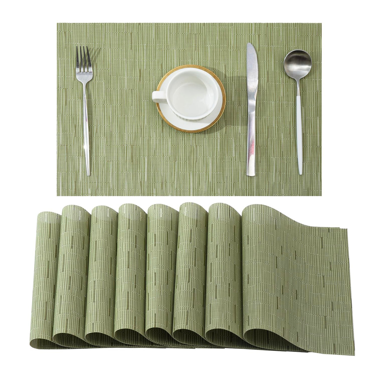 Beige Placemats Set of 6 - Heat-Resistant, Non-Slip Table Mats, Washable Woven Vinyl for Indoor & Outdoor Dining