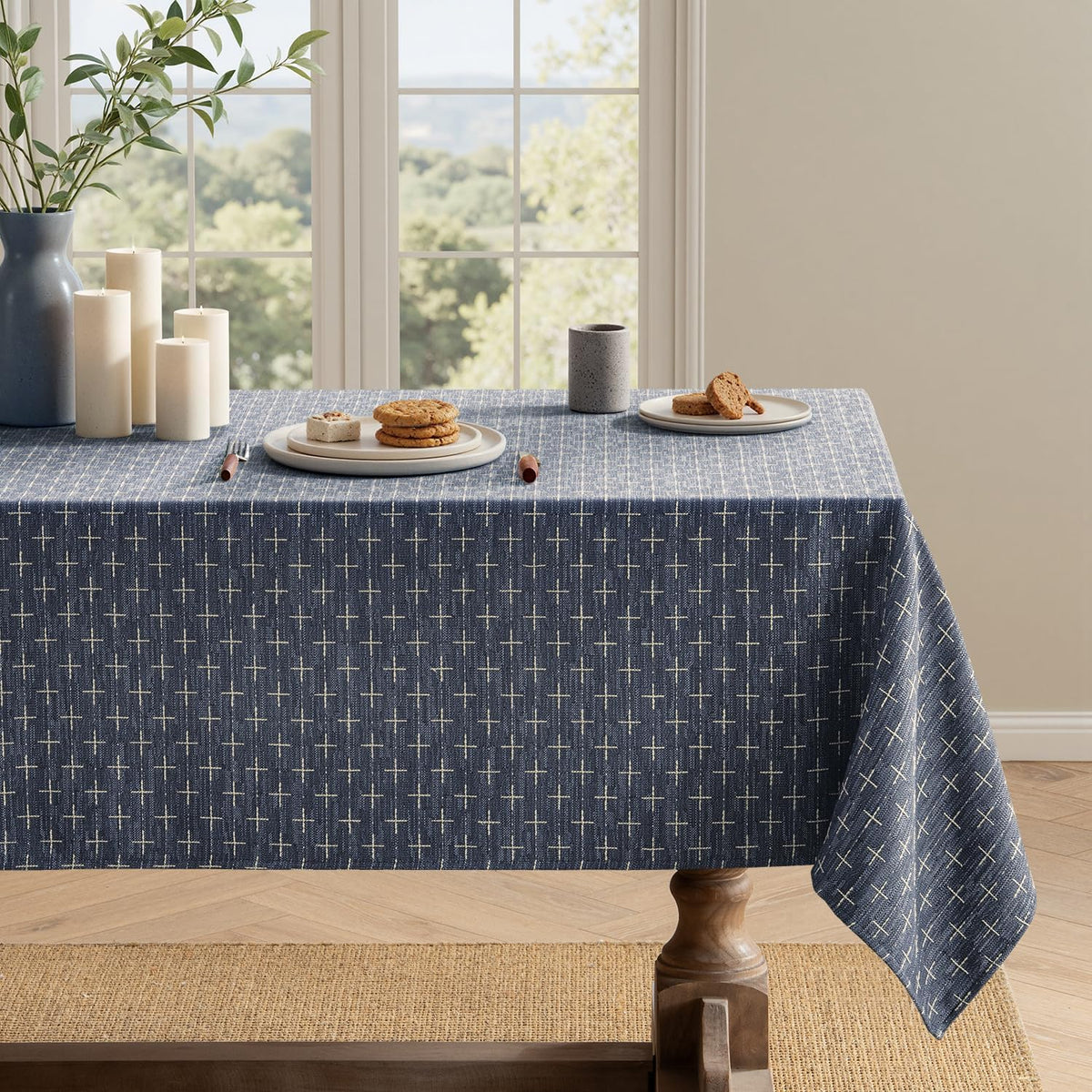 MIULEE Navy Blue Rectangle Cross-Star Textured Table Cloth 60x84 Inch