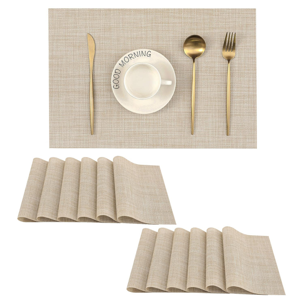 Beige Placemats Set of 4 - Heat-Resistant, Non-Slip Table Mats, Washable Woven Vinyl for Indoor & Outdoor Dining