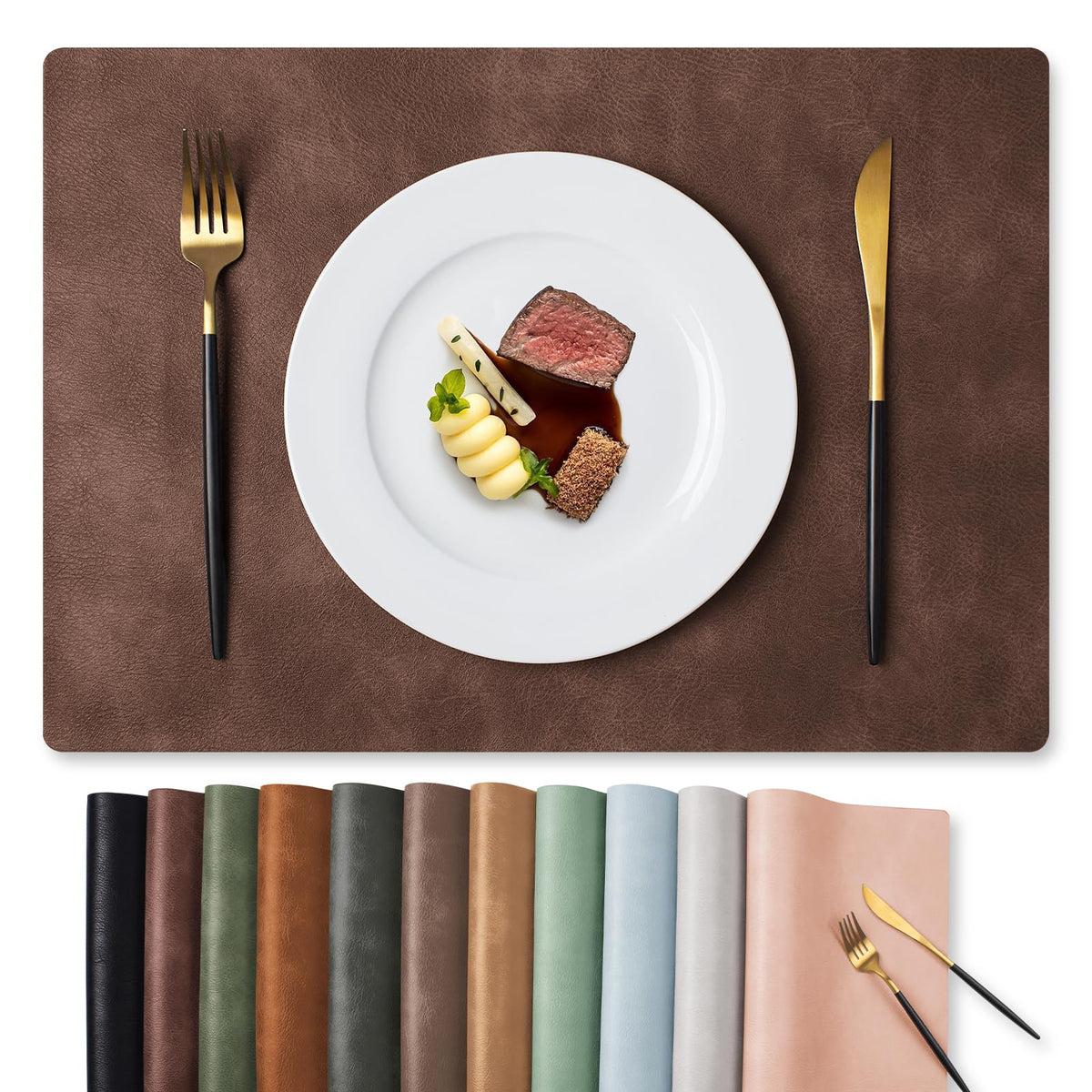 MOSAYT Vinyl Faux Leather Placemats, Set of 6, Black