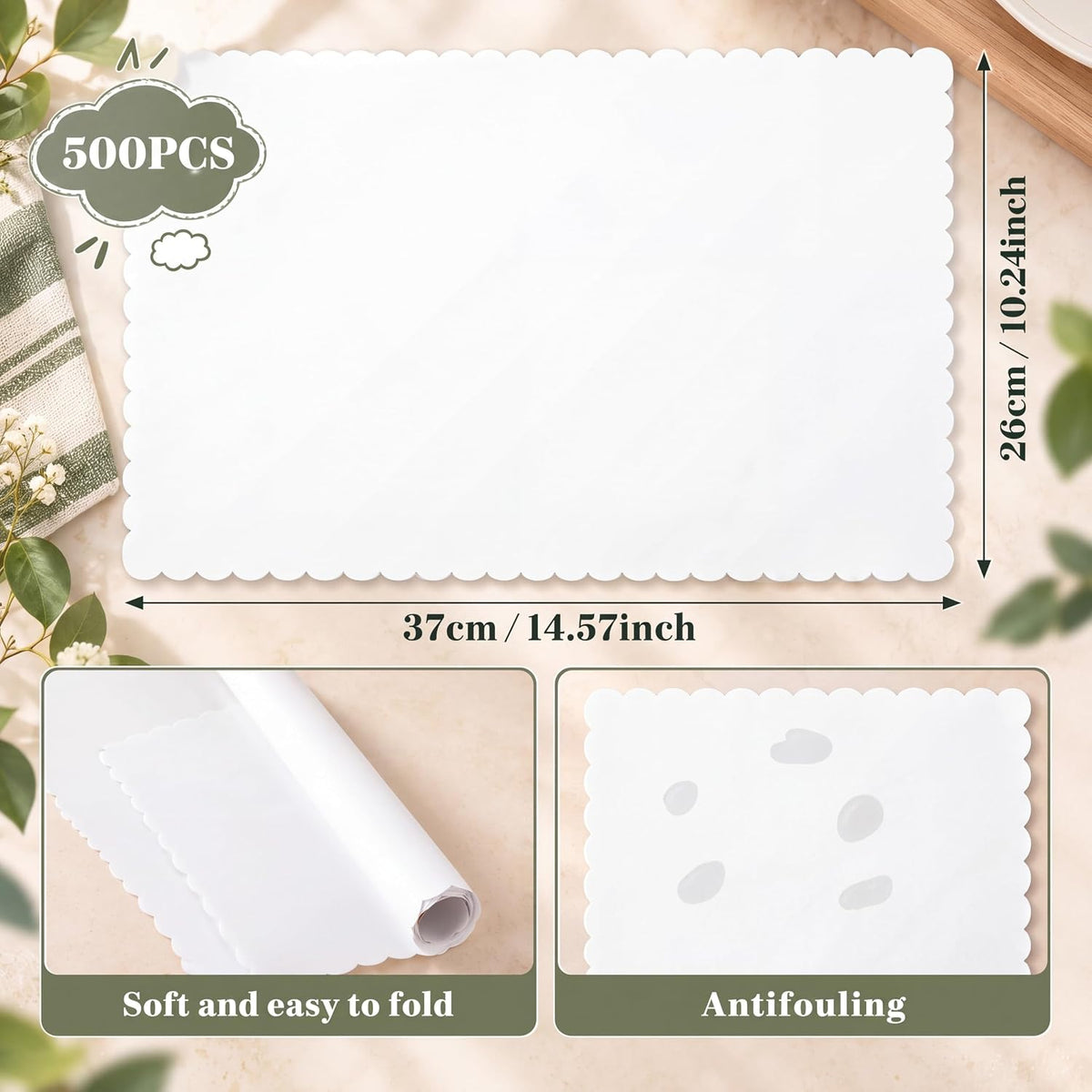 Sabary 500 Pcs Scalloped Edge Disposable White Paper Place mats, Classic