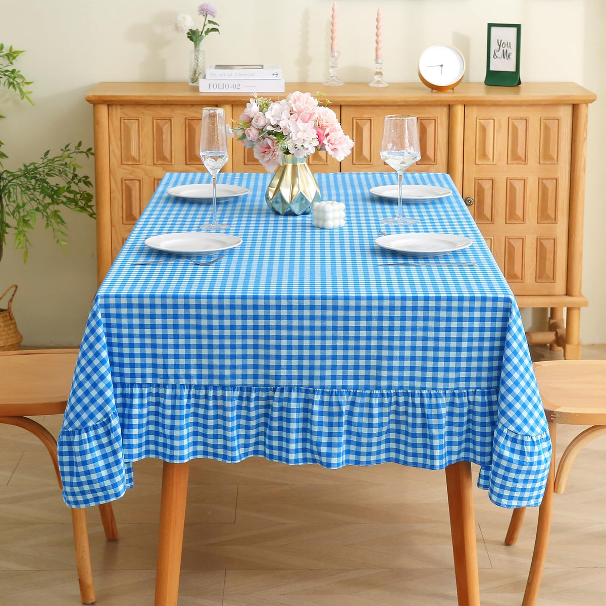 Taupe White Gingham Ruffled Tablecloth 120"x60"