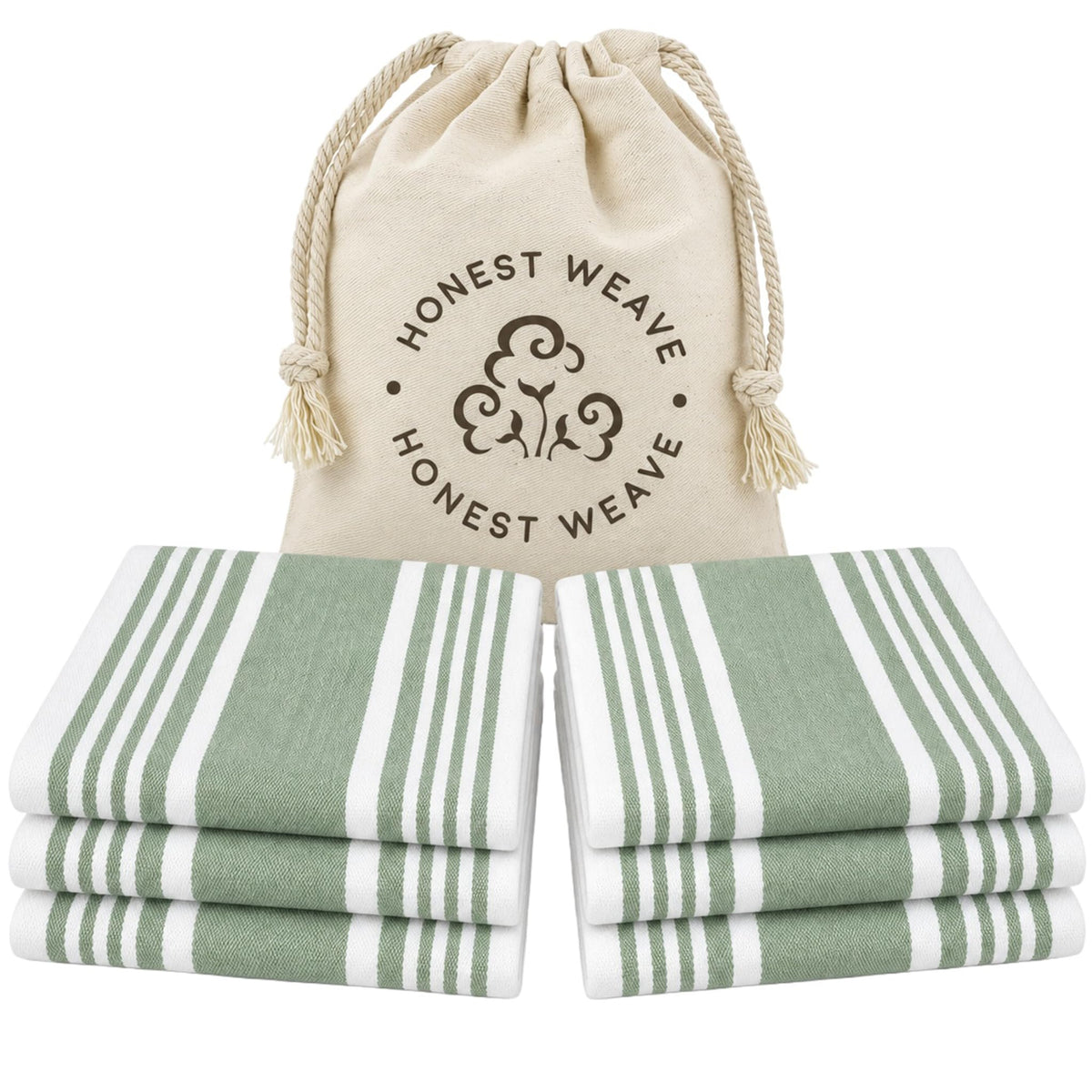 HONEST WEAVE Organic Cotton Kitchen Towels, Sage Stripe, 6-Pack, 20x30 in