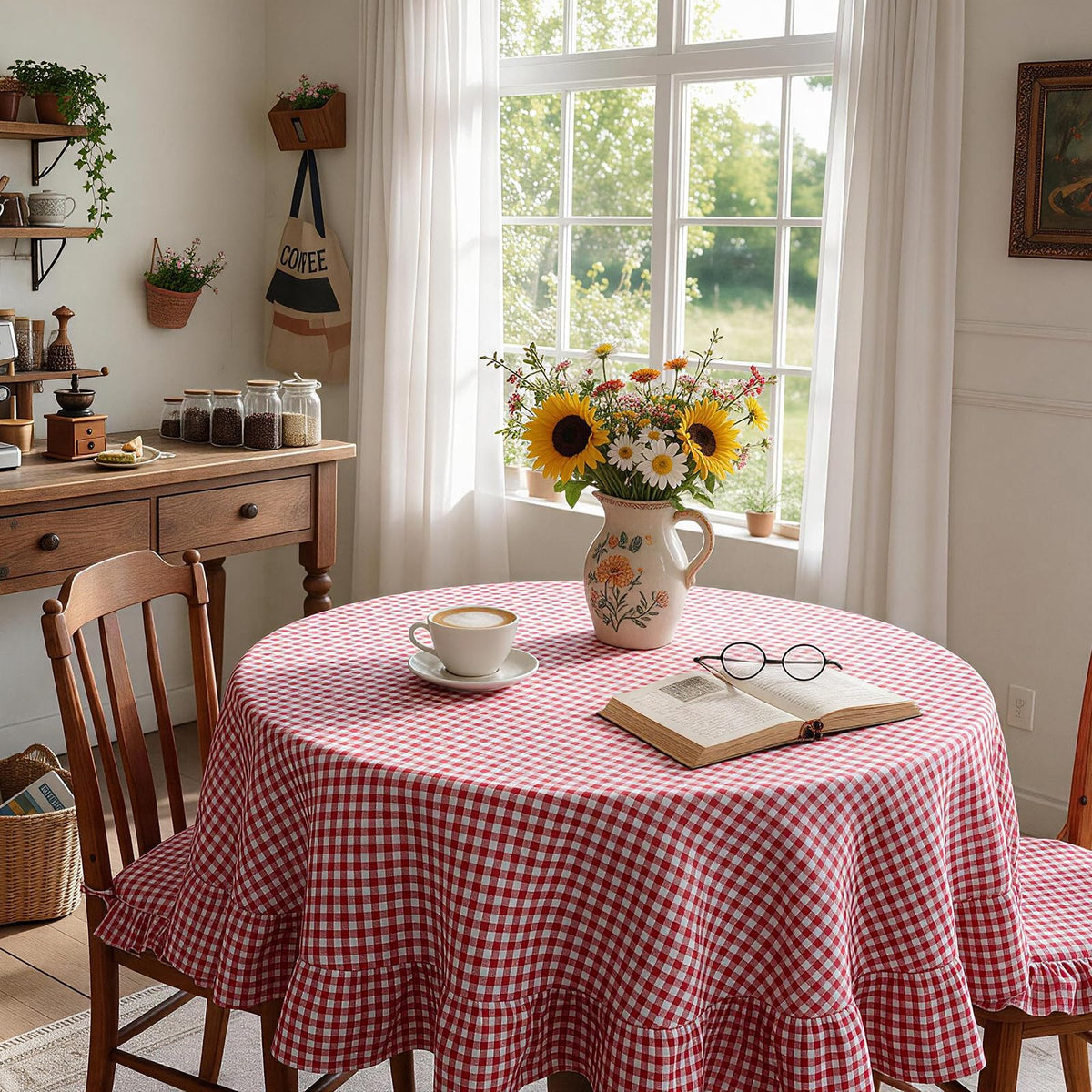 Taupe White Gingham Ruffled Tablecloth 120"x60"