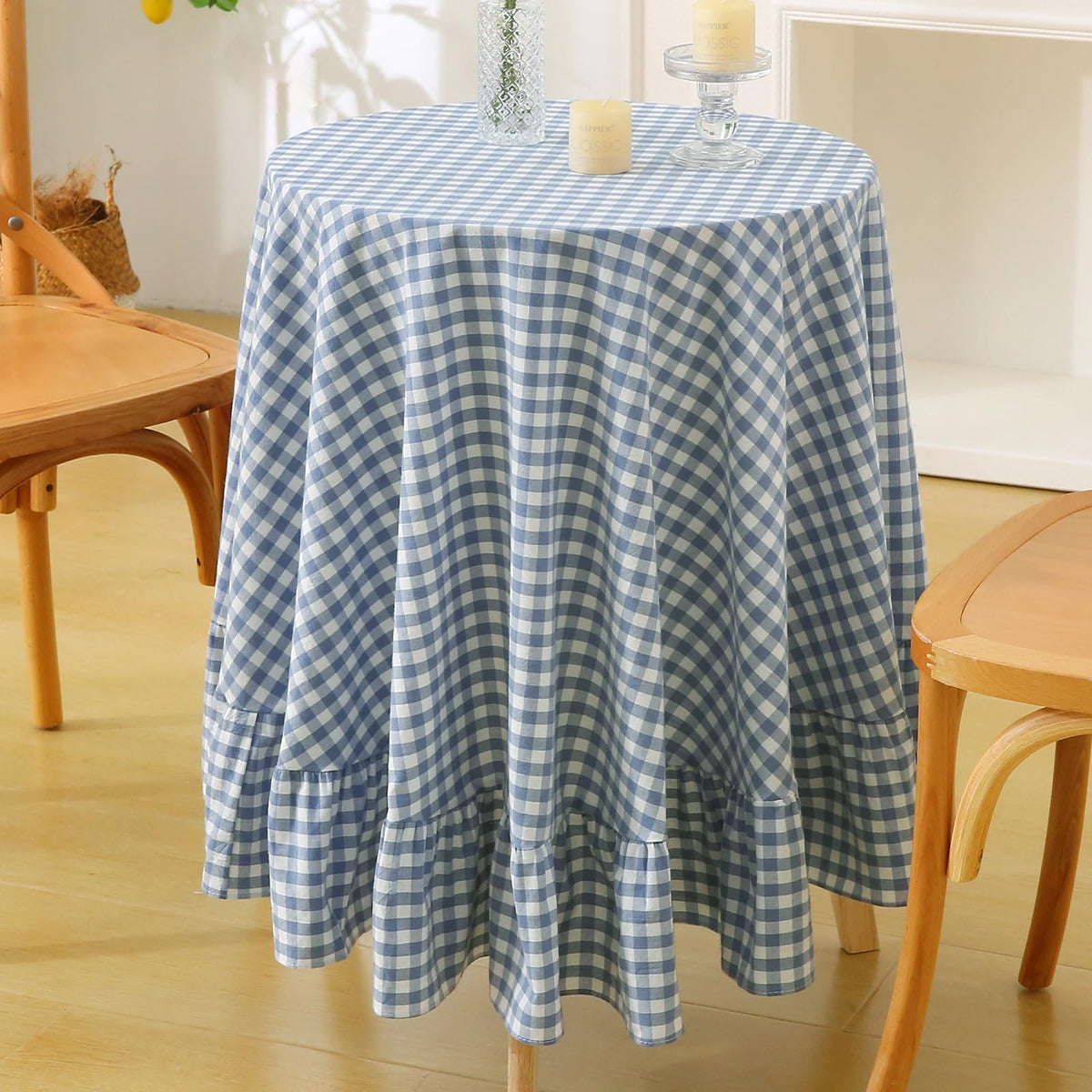 Taupe White Gingham Ruffled Tablecloth 120"x60"