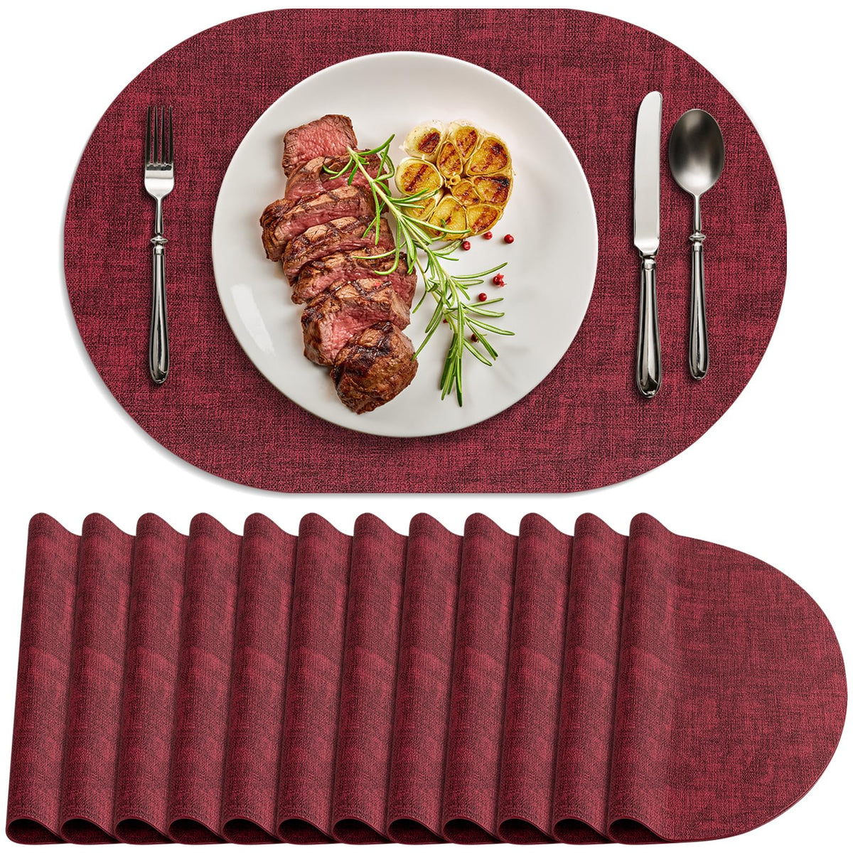 Faux Leather Oval Placemats Set of 4, Beige